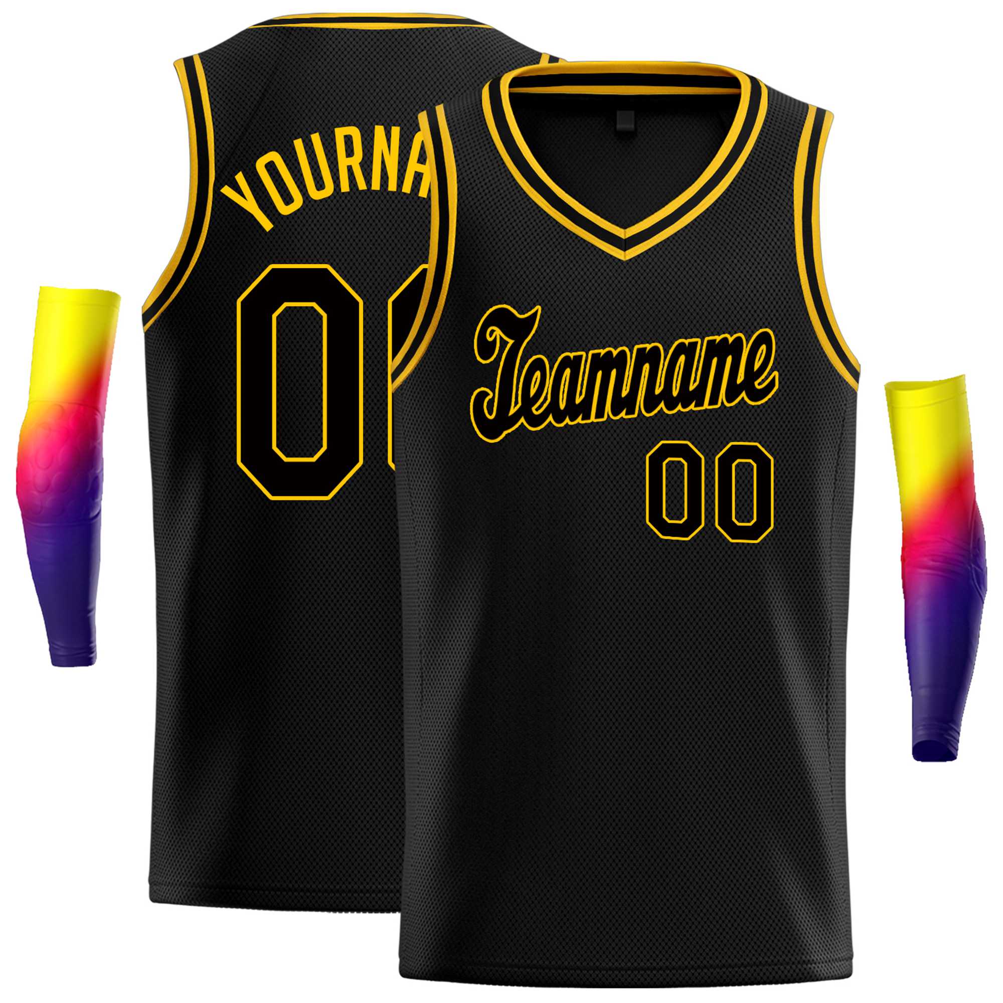 Custom Black Yellow-Black Round Neck Rib-Knit Basketball Jersey