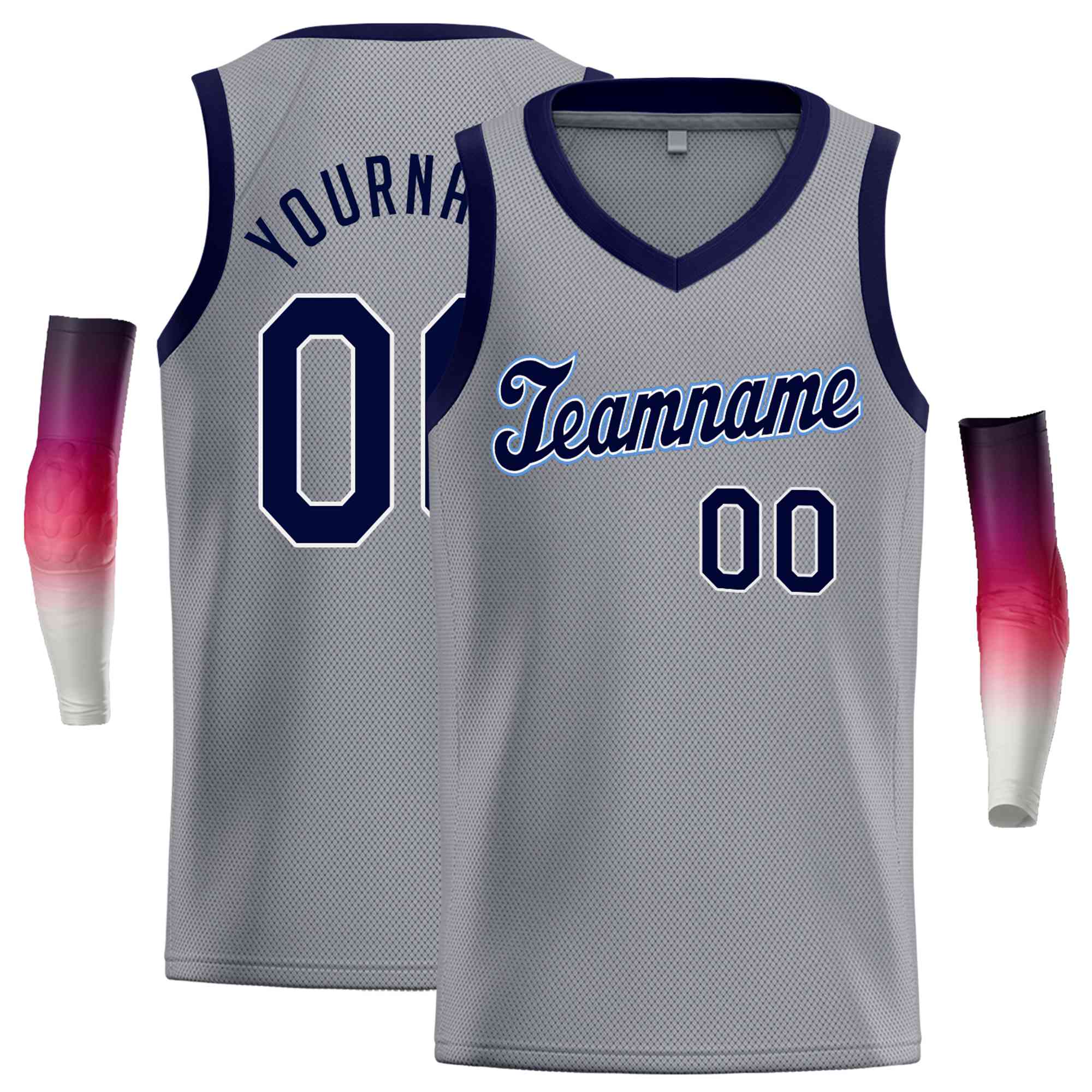 Custom Gray Navy Round Neck Rib-Knit Basketball Jersey