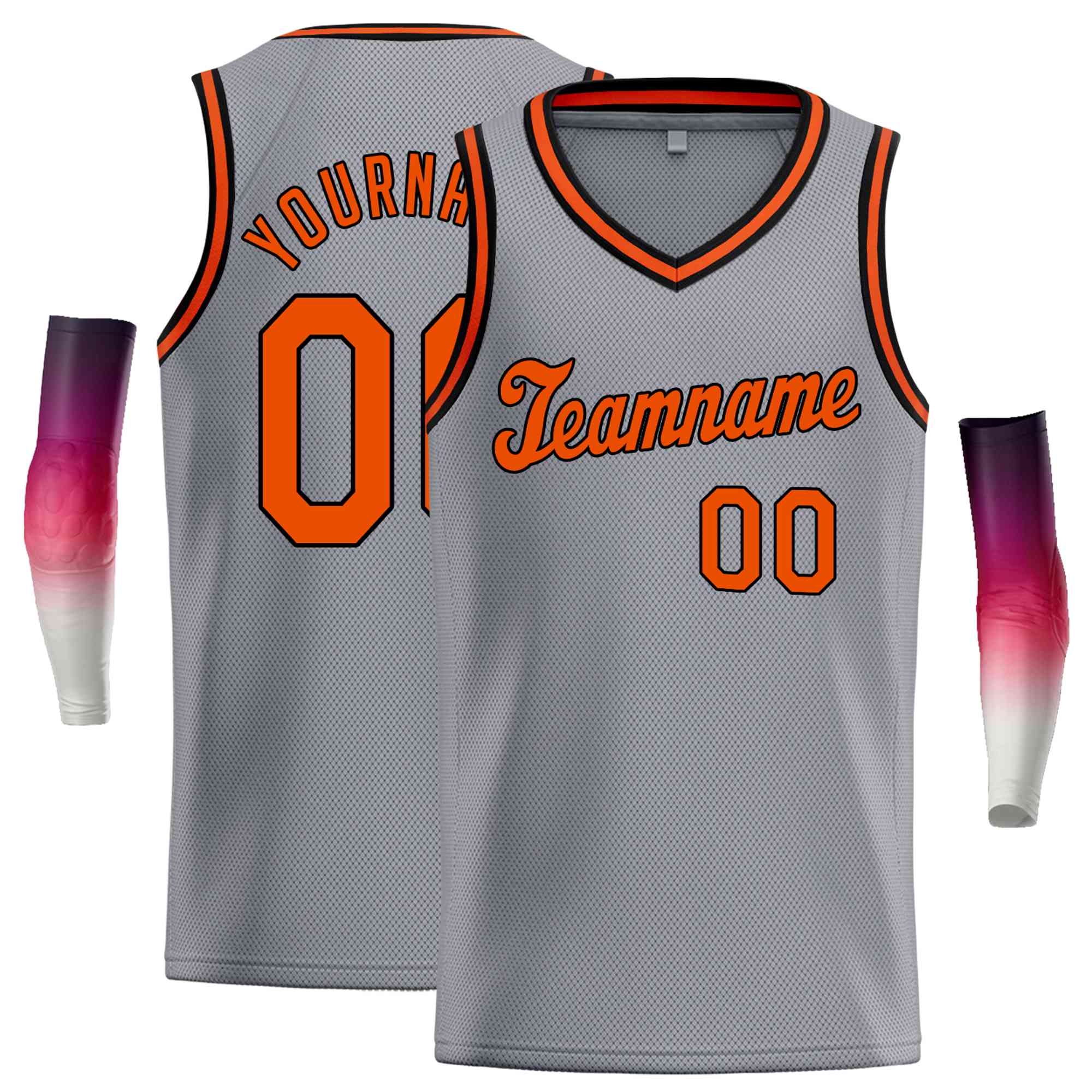 Custom Gray Black-Orange Round Neck Rib-Knit Basketball Jersey