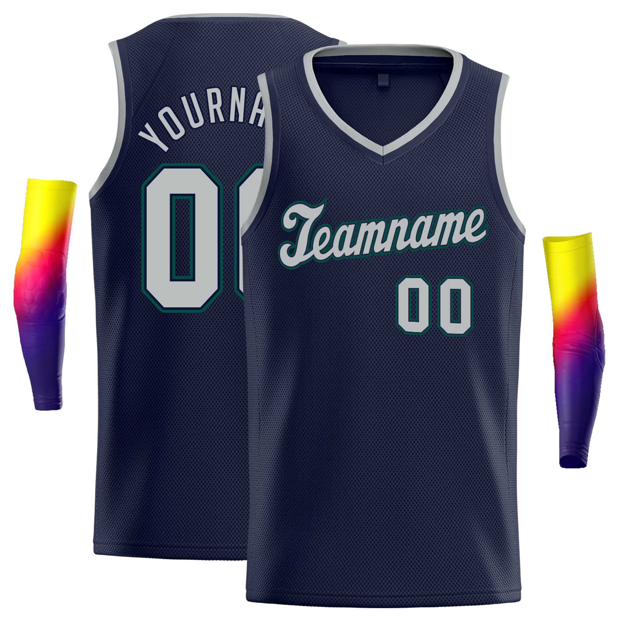 Custom Navy Gray-Navy Round Neck Rib-Knit Basketball Jersey