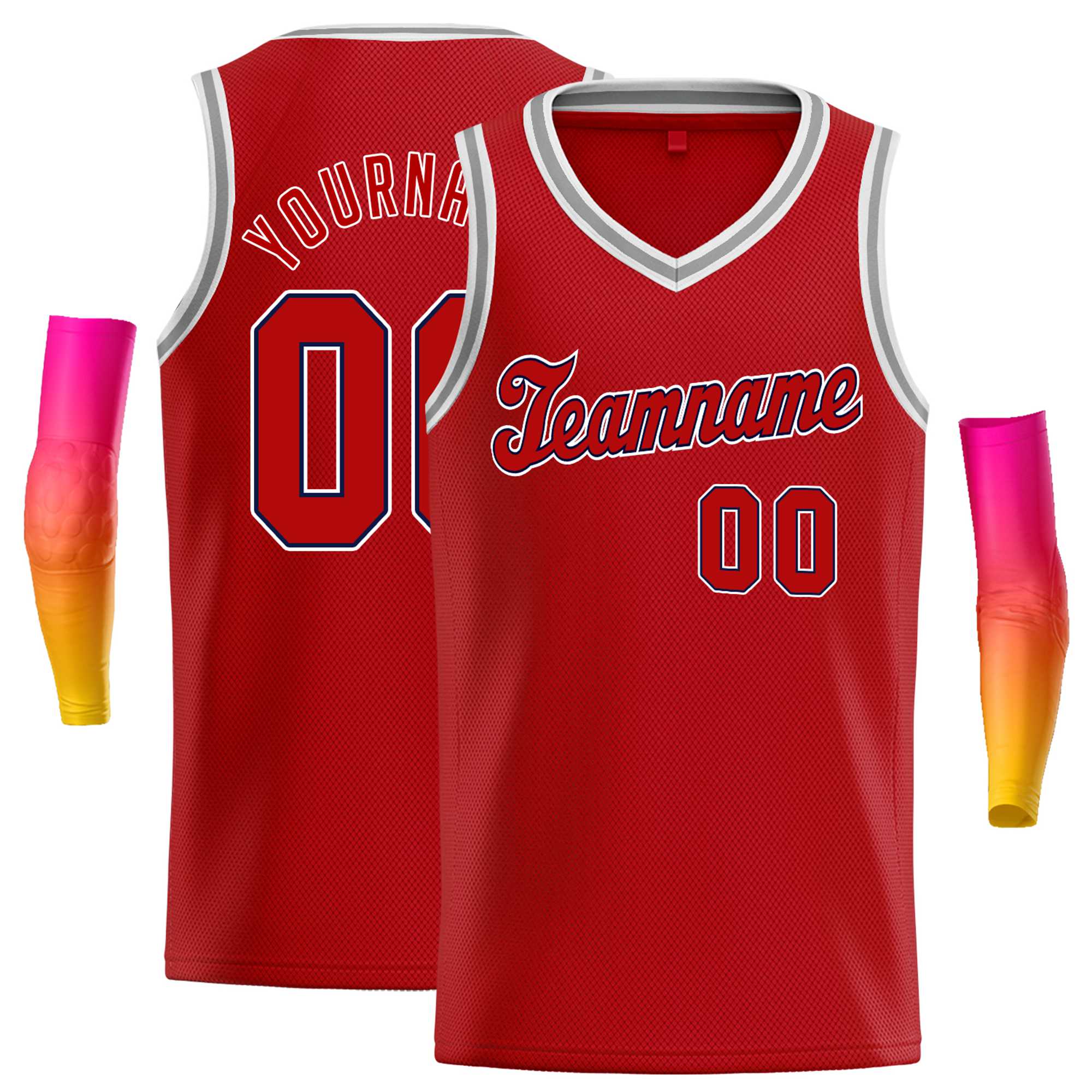 Custom Red White-Gray Round Neck Rib-Knit Basketball Jersey