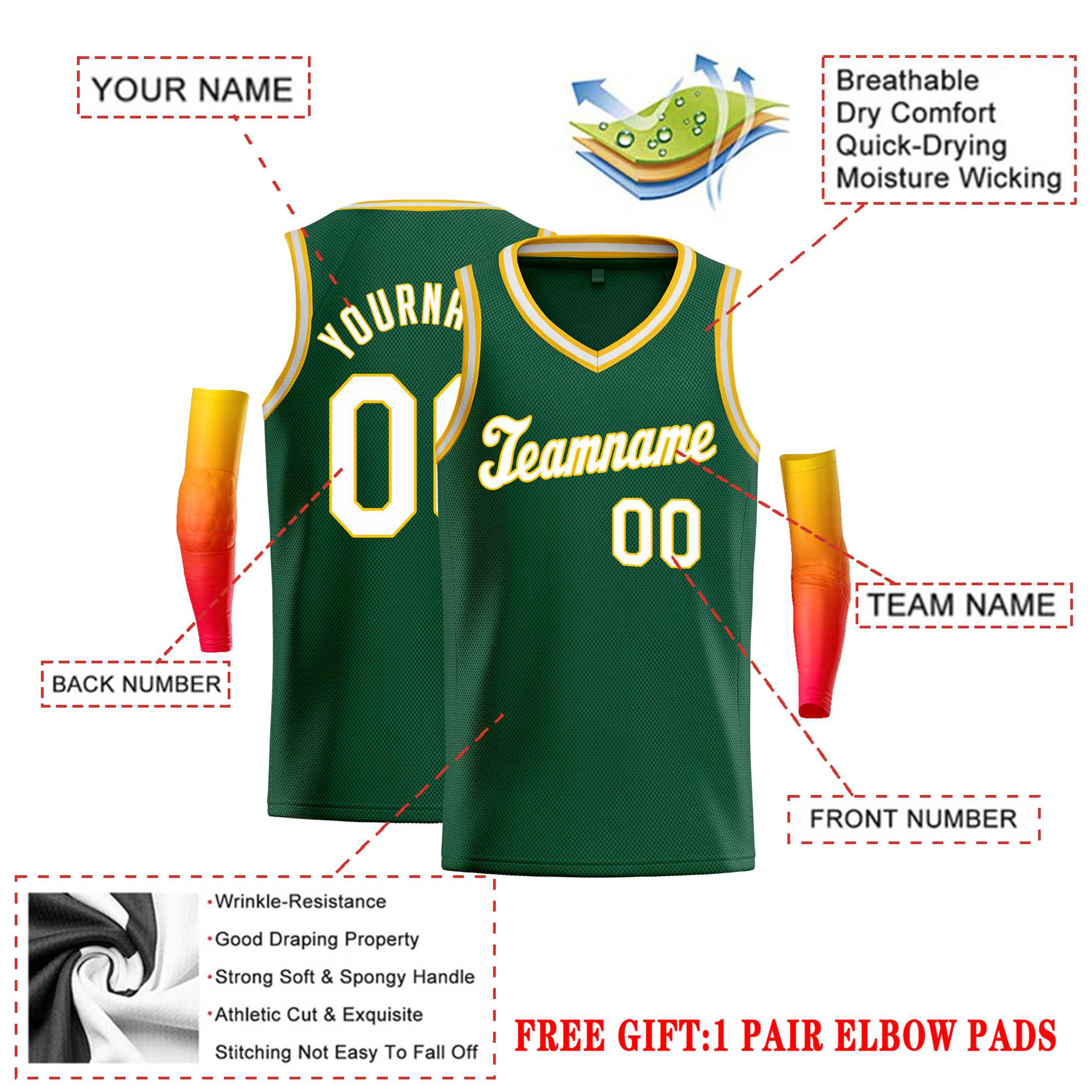 Custom Green Yellow-White Round Neck Rib-Knit Basketball Jersey