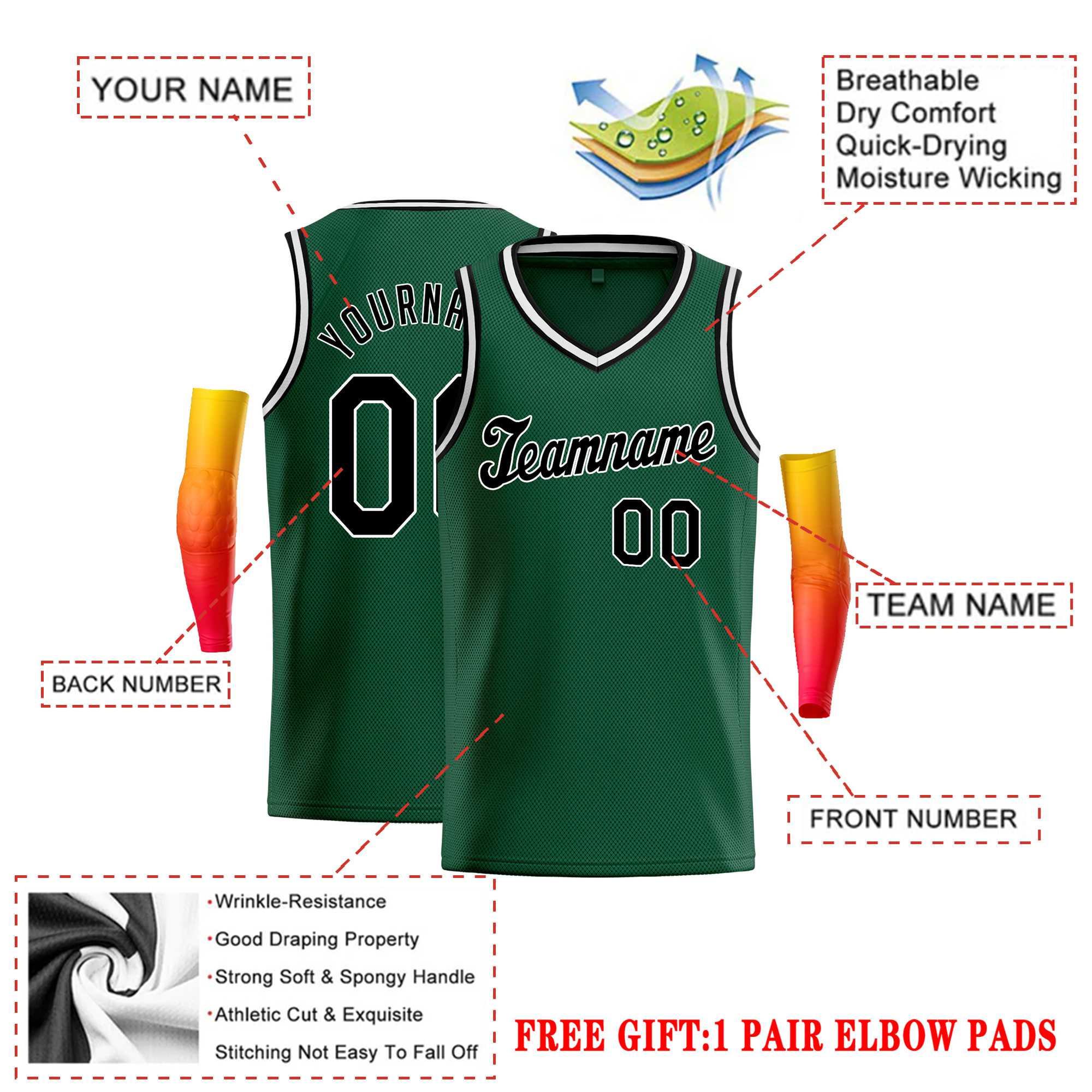 Custom Green Black-White Round Neck Rib-Knit Basketball Jersey