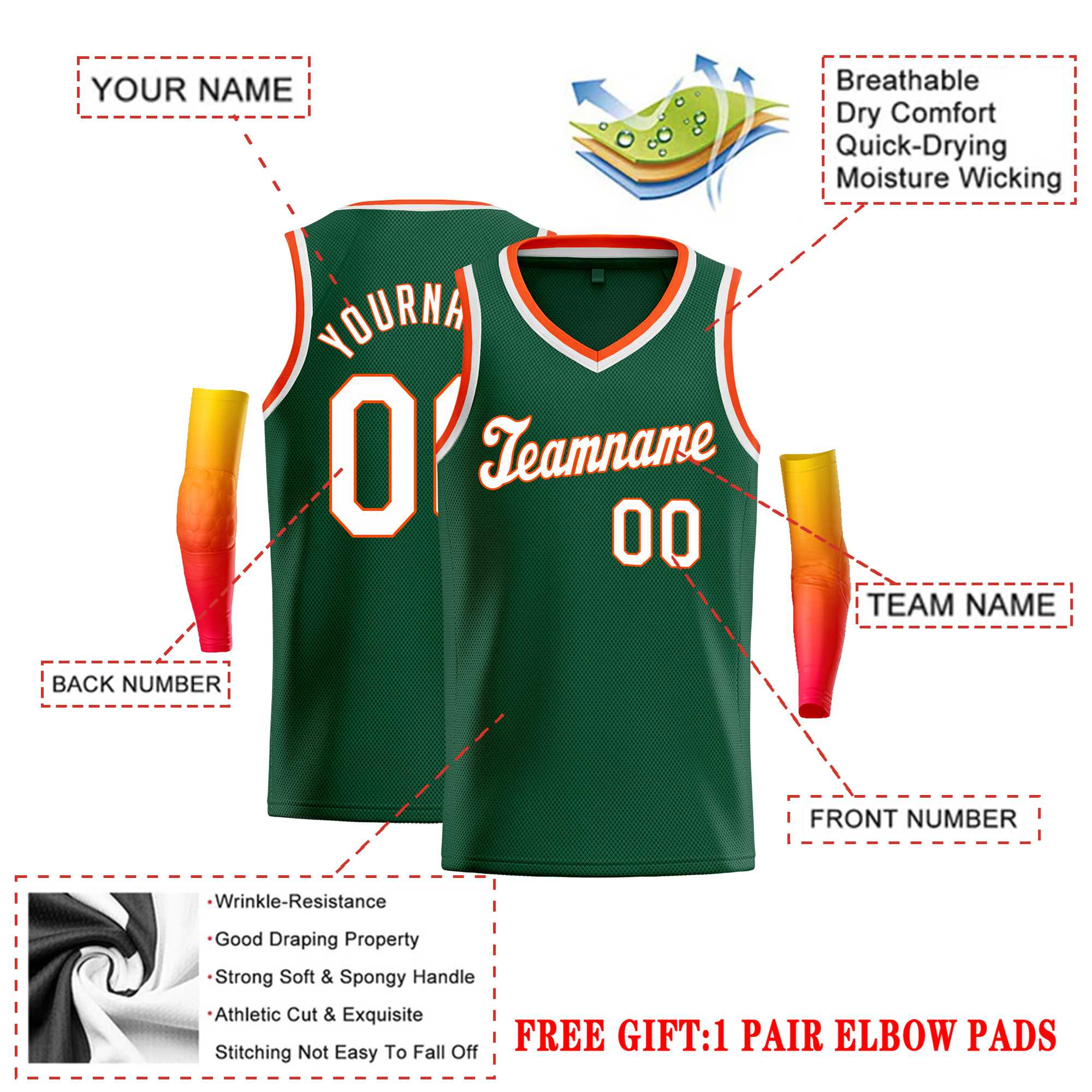 Custom Green Orange-White Round Neck Rib-Knit Basketball Jersey