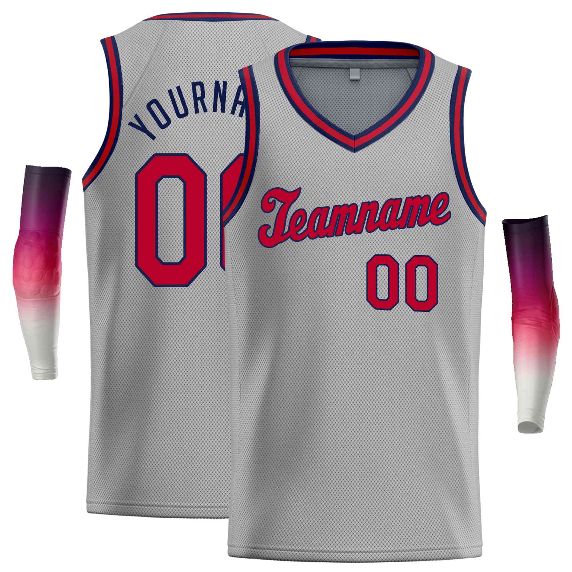 Custom Gray Navy-Red Round Neck Rib-Knit Basketball Jersey