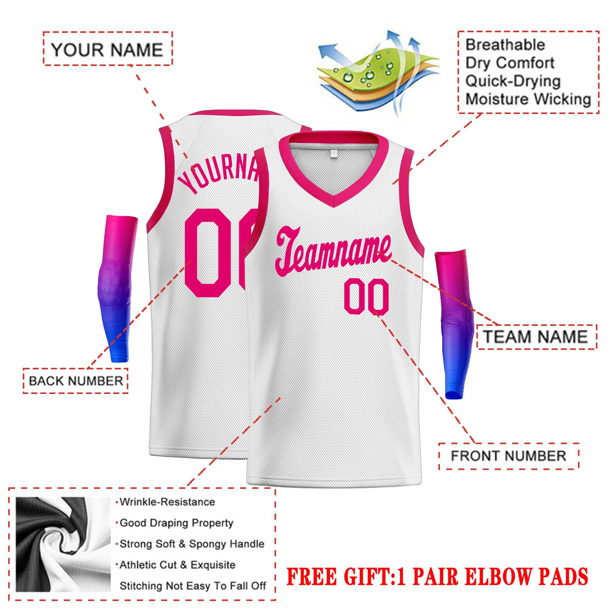 Custom White Pink Round Neck Rib-Knit Basketball Jersey