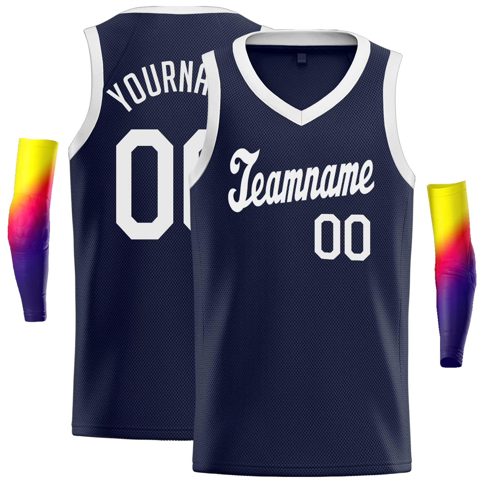 Custom Navy White Round Neck Rib-Knit Basketball Jersey