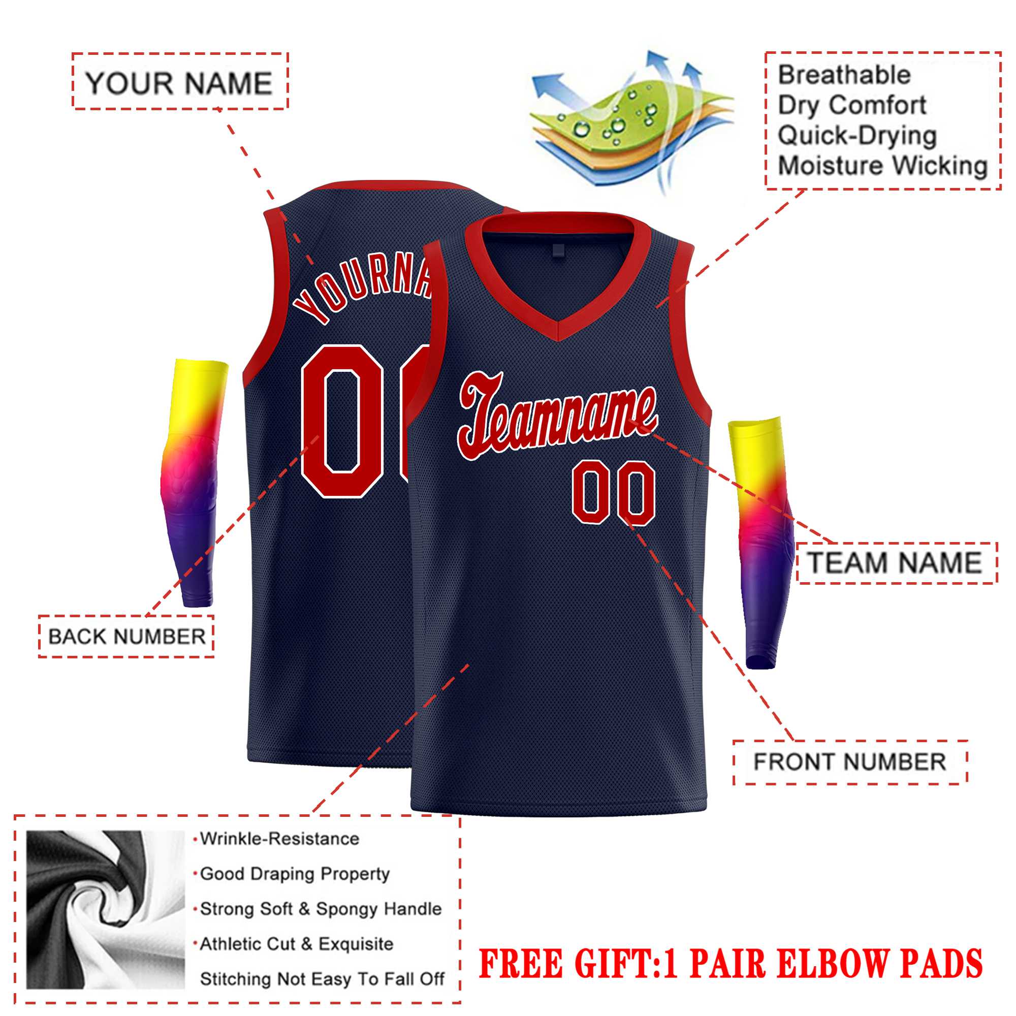 Custom Navy Red Round Neck Rib-Knit Basketball Jersey