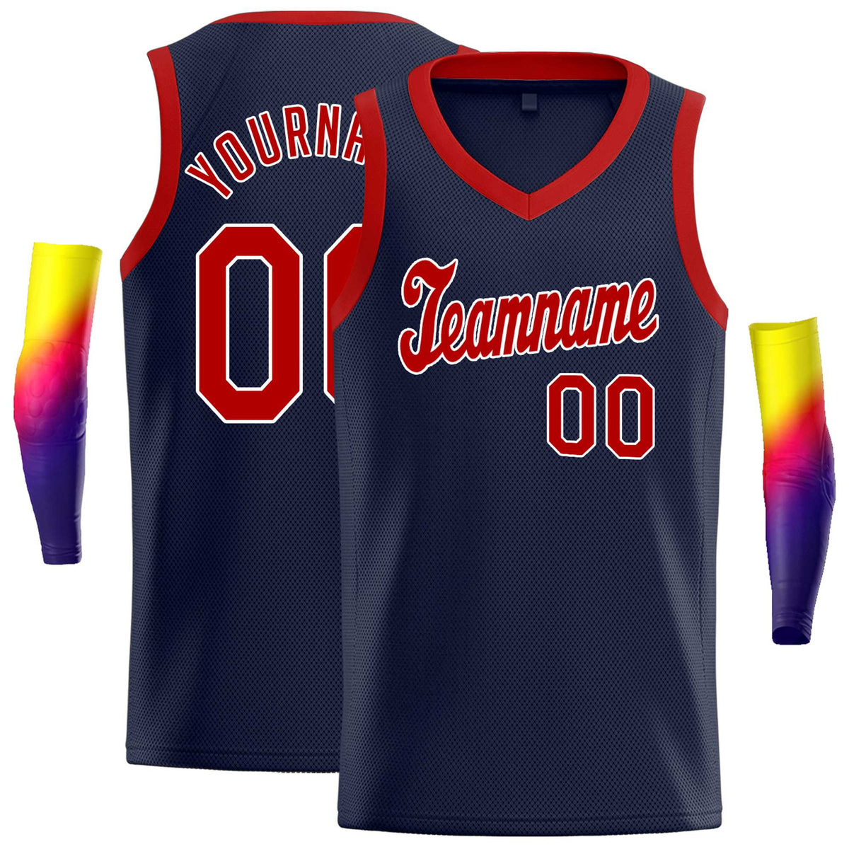 Custom Navy Red Round Neck Rib-Knit Basketball Jersey