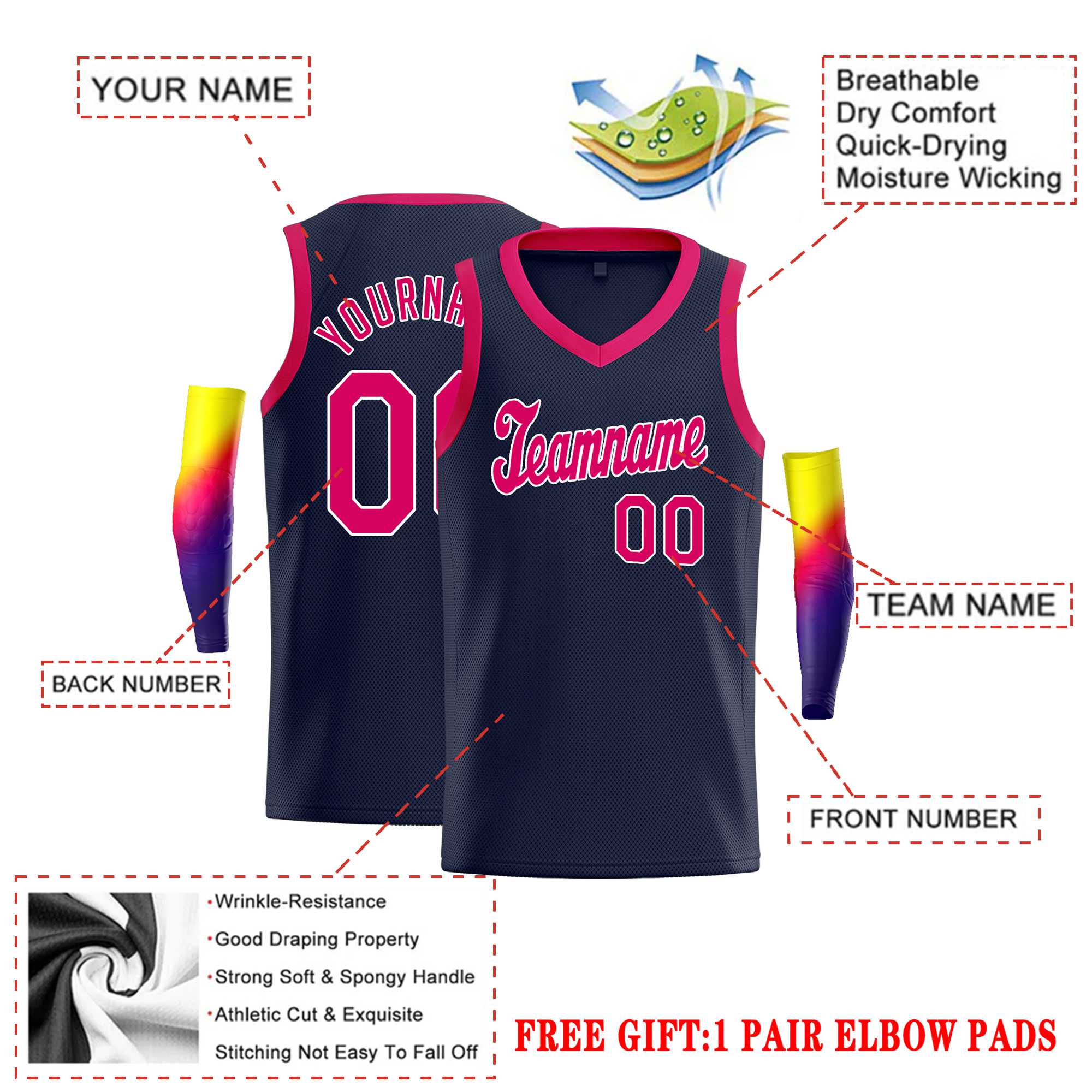 Custom Navy Pink Round Neck Rib-Knit Basketball Jersey