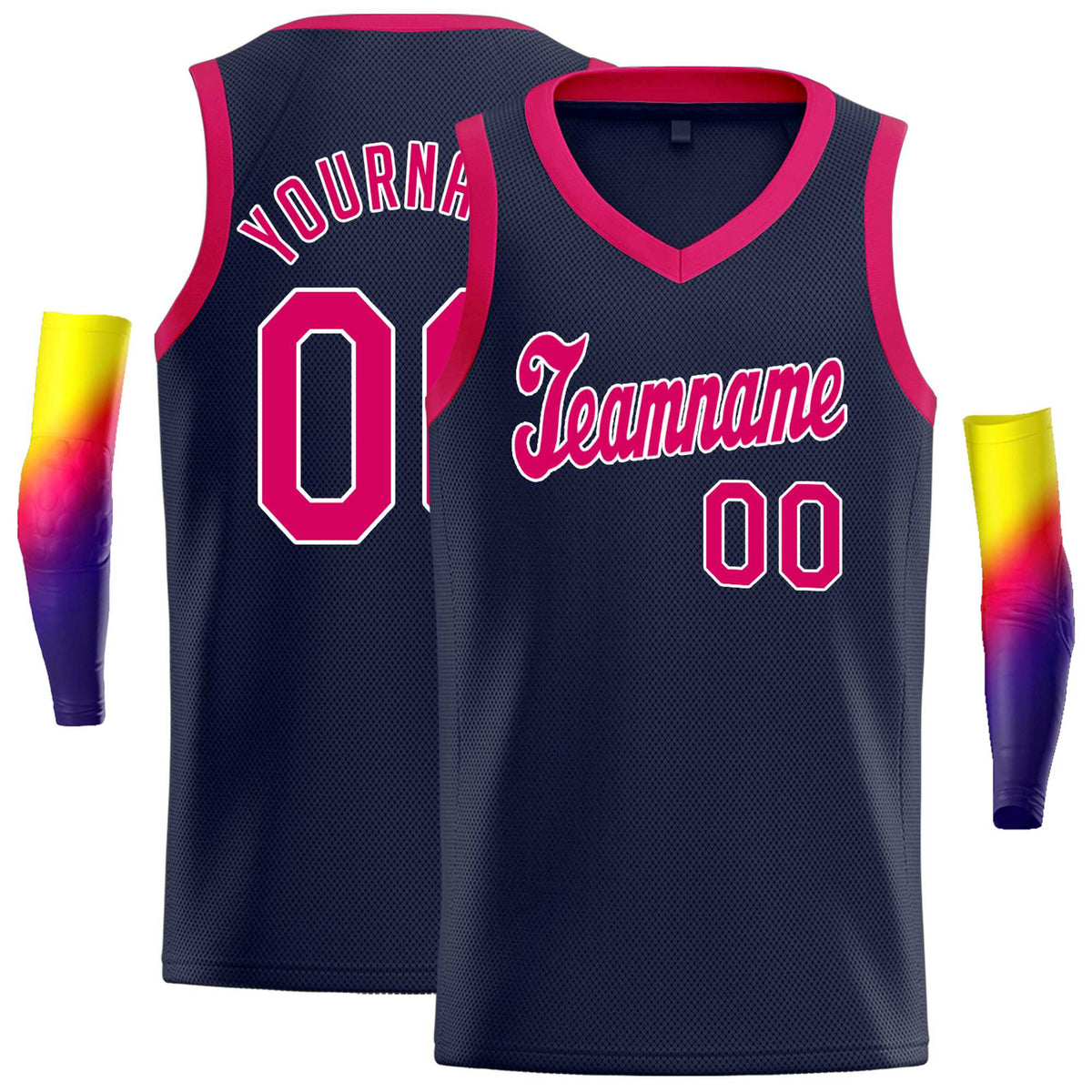 Custom Navy Pink Round Neck Rib-Knit Basketball Jersey