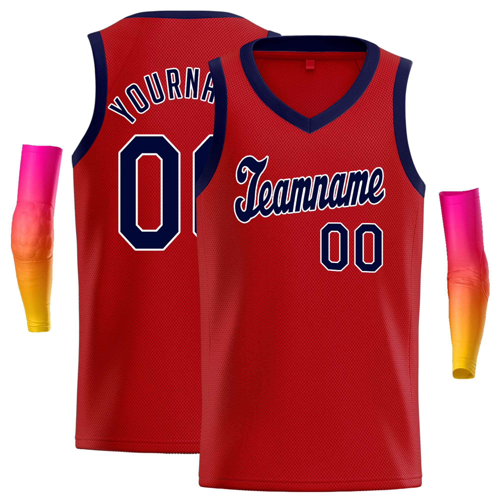 Custom Red Navy Round Neck Rib-Knit Basketball Jersey