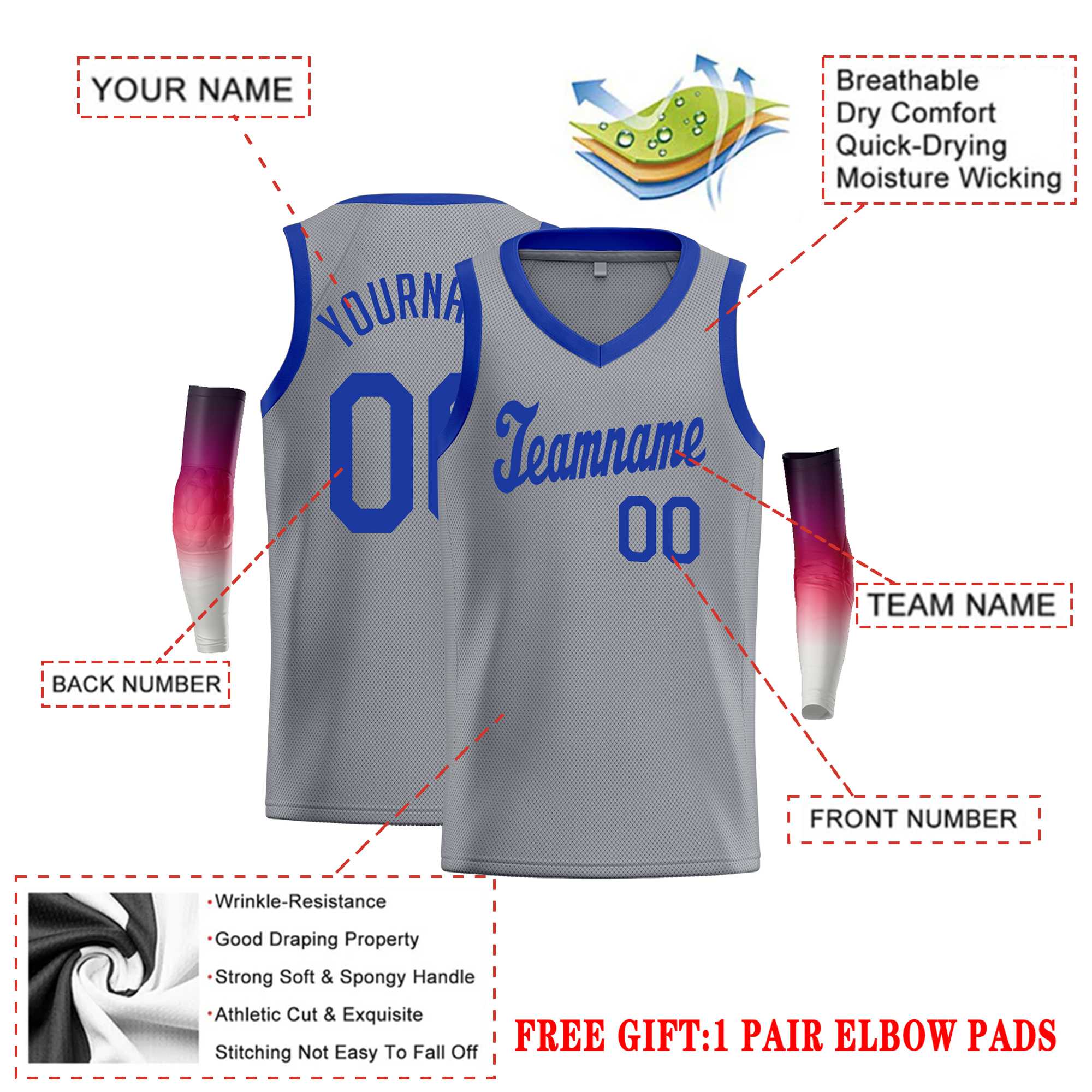 Custom Gray Royal-1 Round Neck Rib-Knit Basketball Jersey