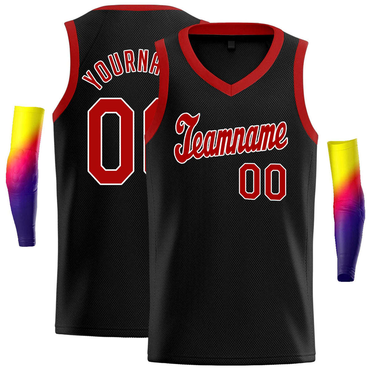 Custom Black Red Round Neck Rib-Knit Basketball Jersey