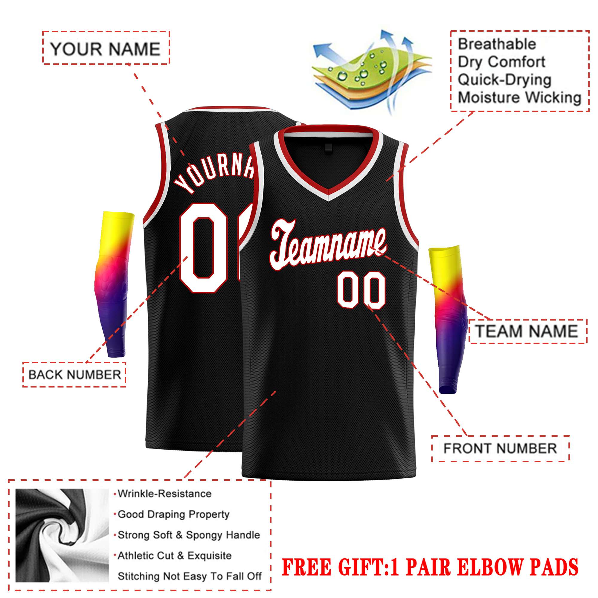 Custom Black Red-White Round Neck Rib-Knit Basketball Jersey