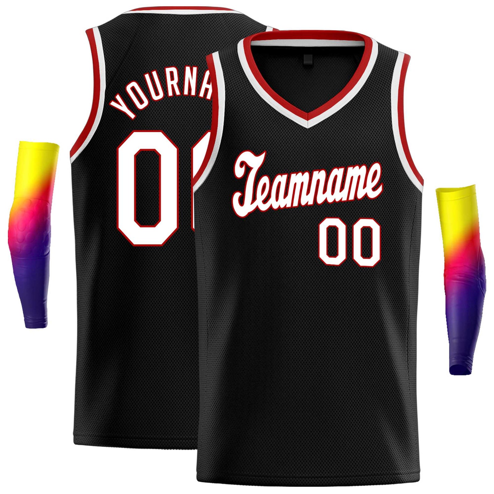 Custom Black Red-White Round Neck Rib-Knit Basketball Jersey