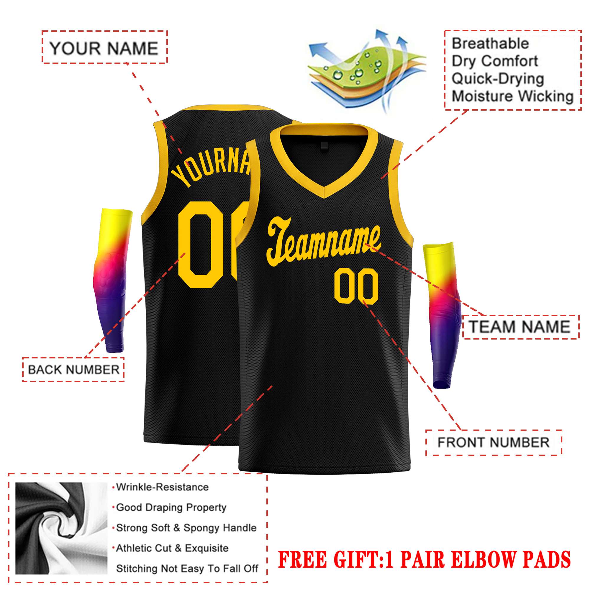 Custom Black Yellow Round Neck Rib-Knit Basketball Jersey