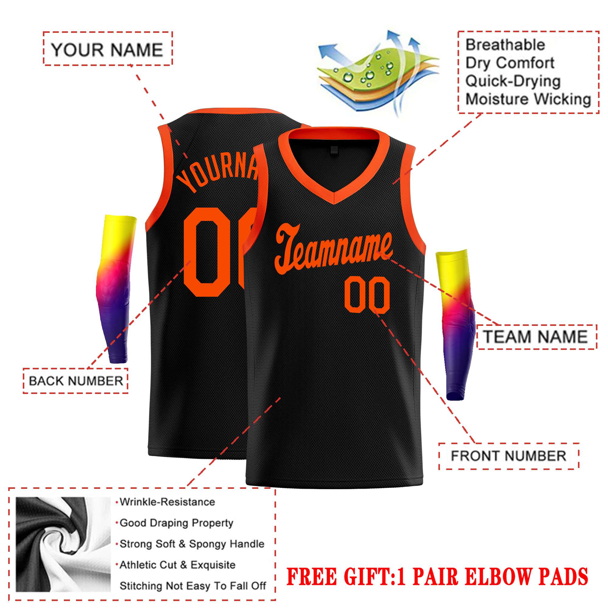 Custom Black Orange Round Neck Rib-Knit Basketball Jersey