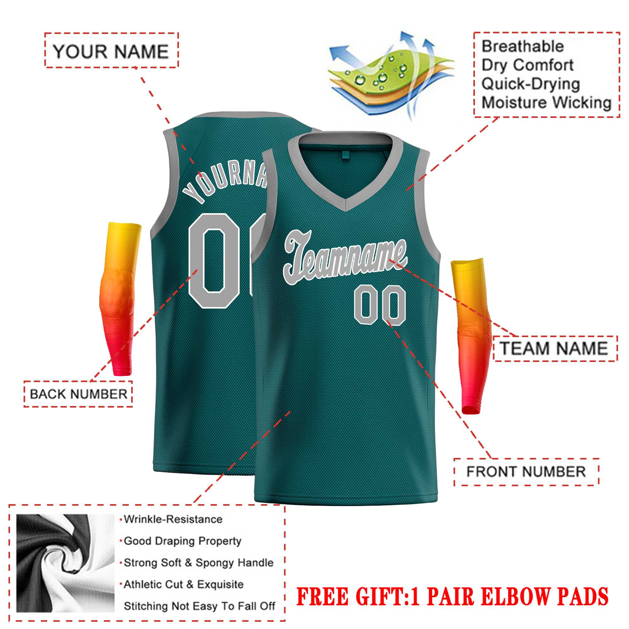 Custom Aqua Gray Round Neck Rib-Knit Basketball Jersey