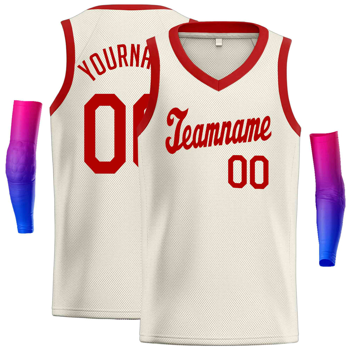 Custom Cream Red Round Neck Rib-Knit Basketball Jersey