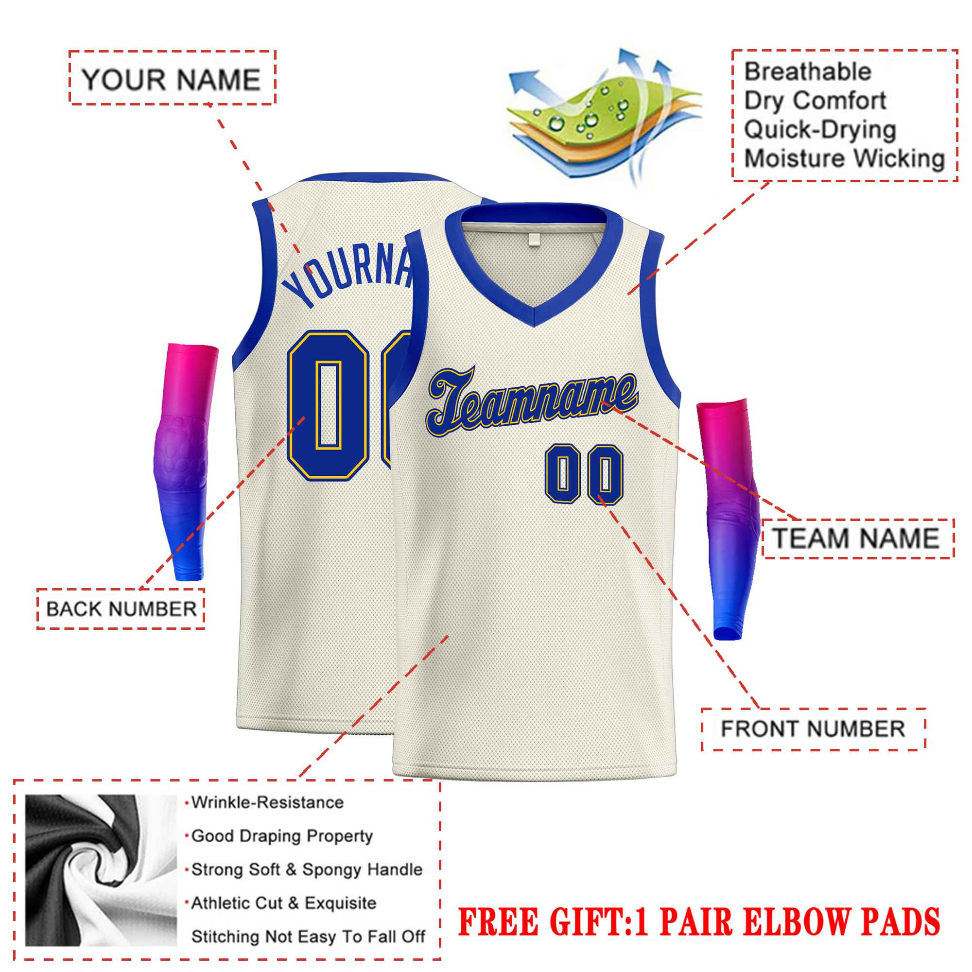 Custom Cream Royal-1 Round Neck Rib-Knit Basketball Jersey