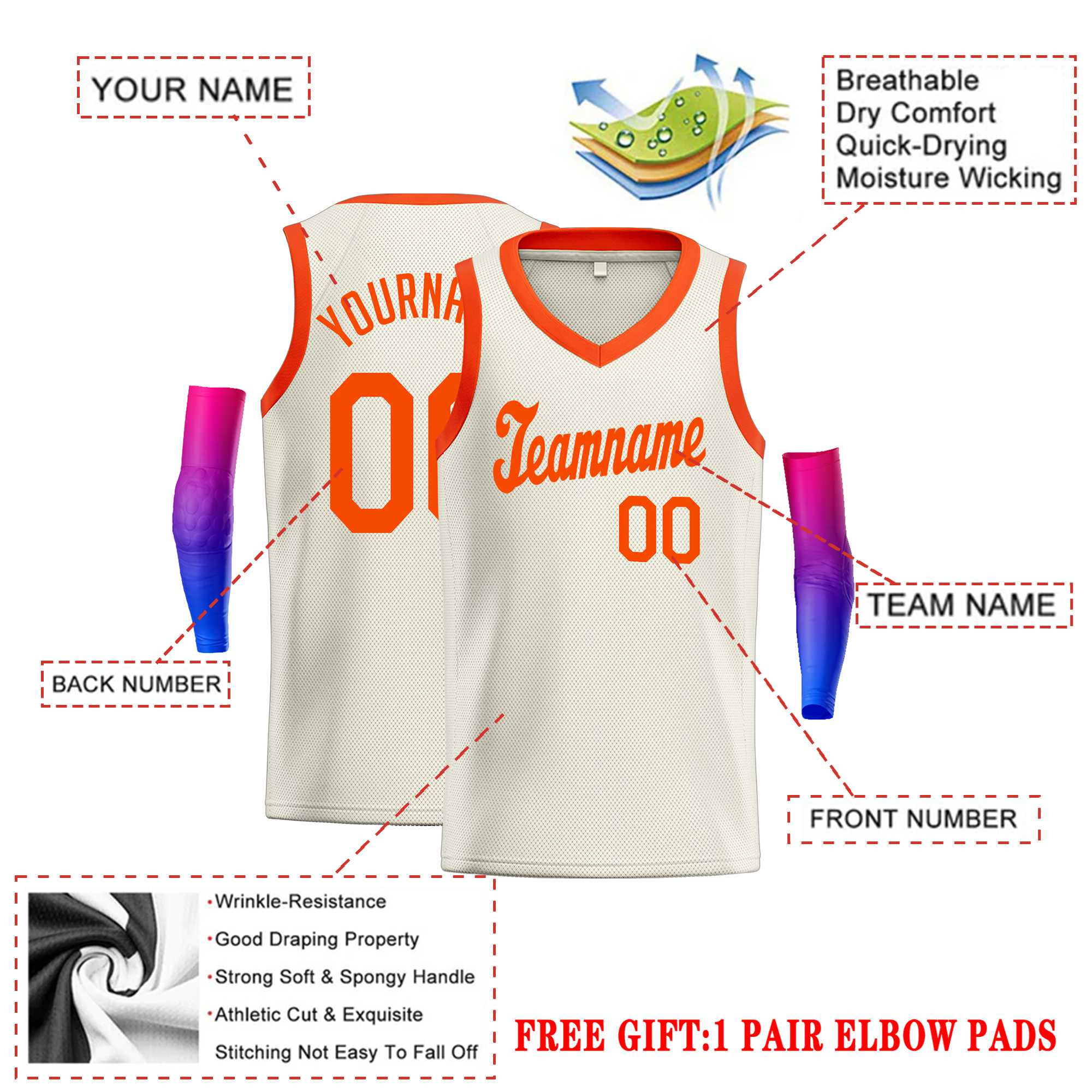 Custom Cream Orange Round Neck Rib-Knit Basketball Jersey