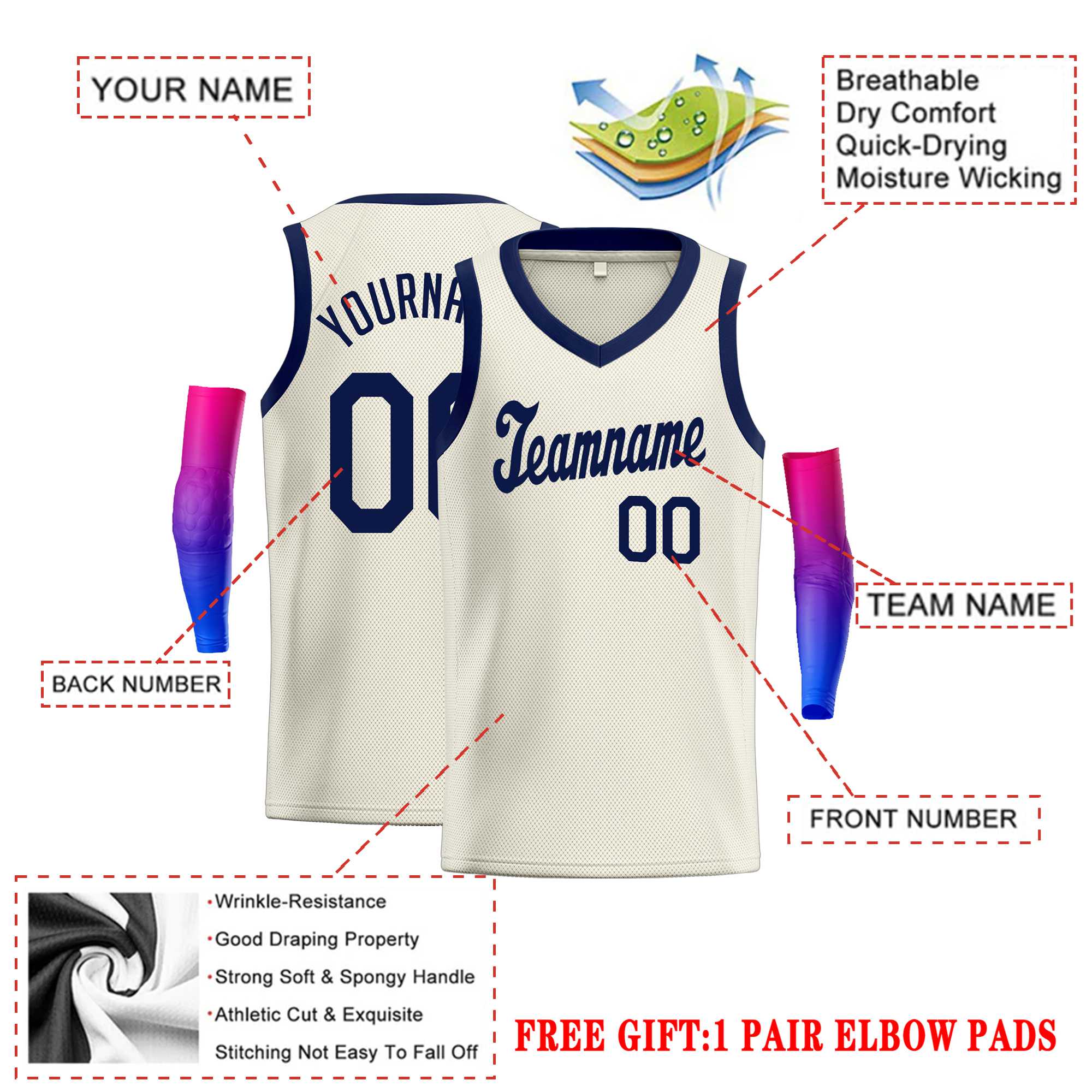 Custom Cream Navy Round Neck Rib-Knit Basketball Jersey