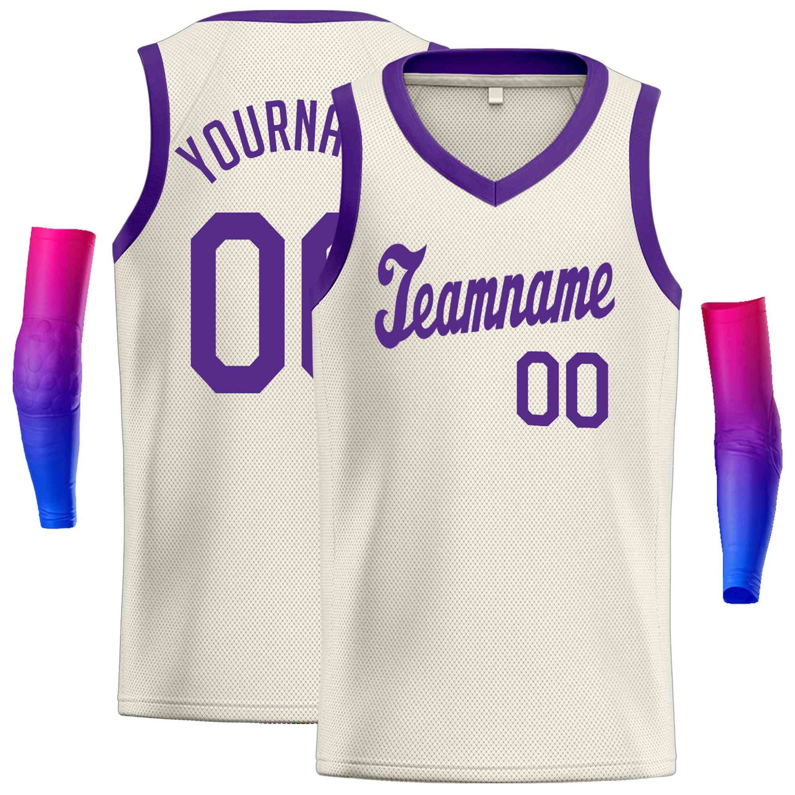 Custom Cream Purple Round Neck Rib-Knit Basketball Jersey