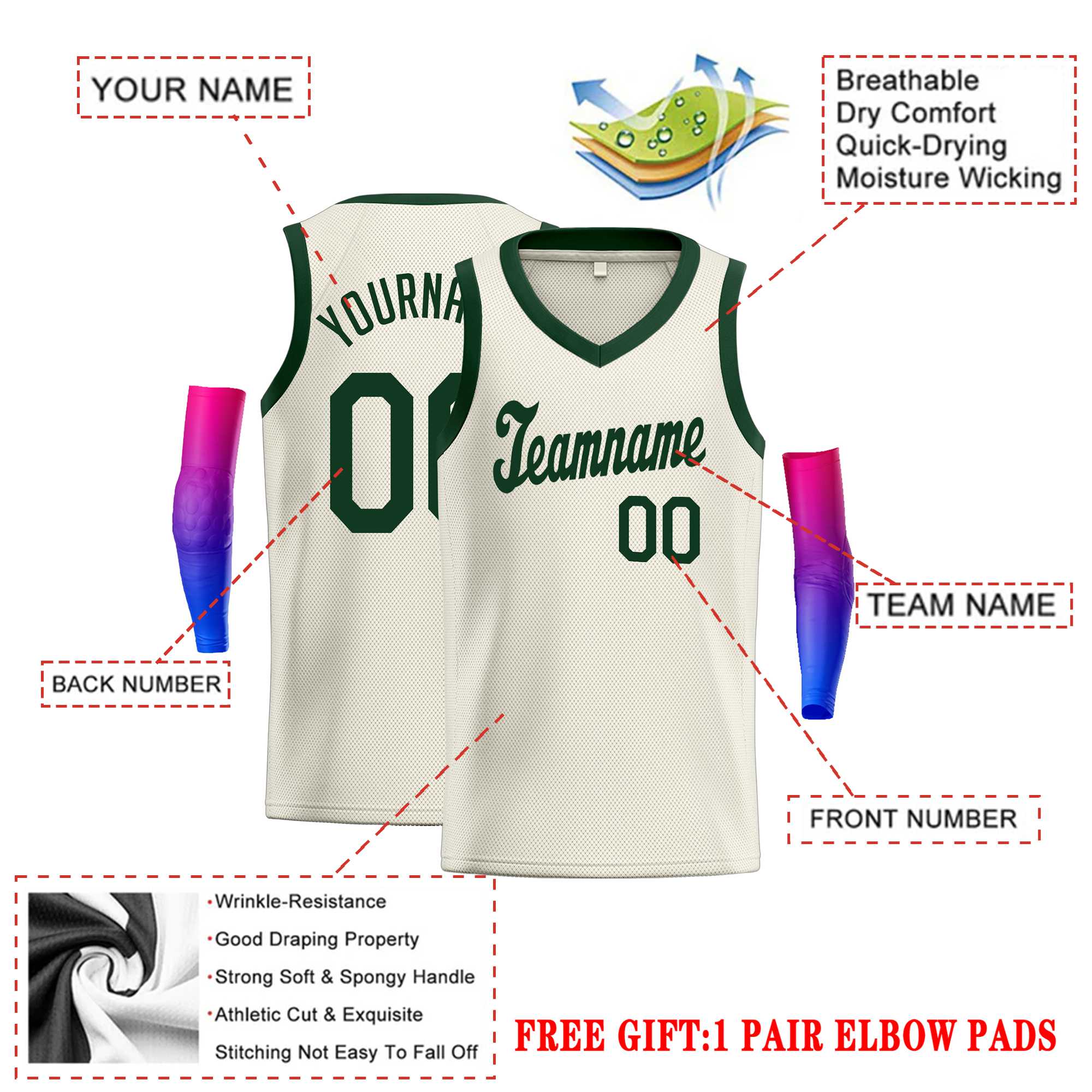 Custom Cream Hunter Green Round Neck Rib-Knit Basketball Jersey