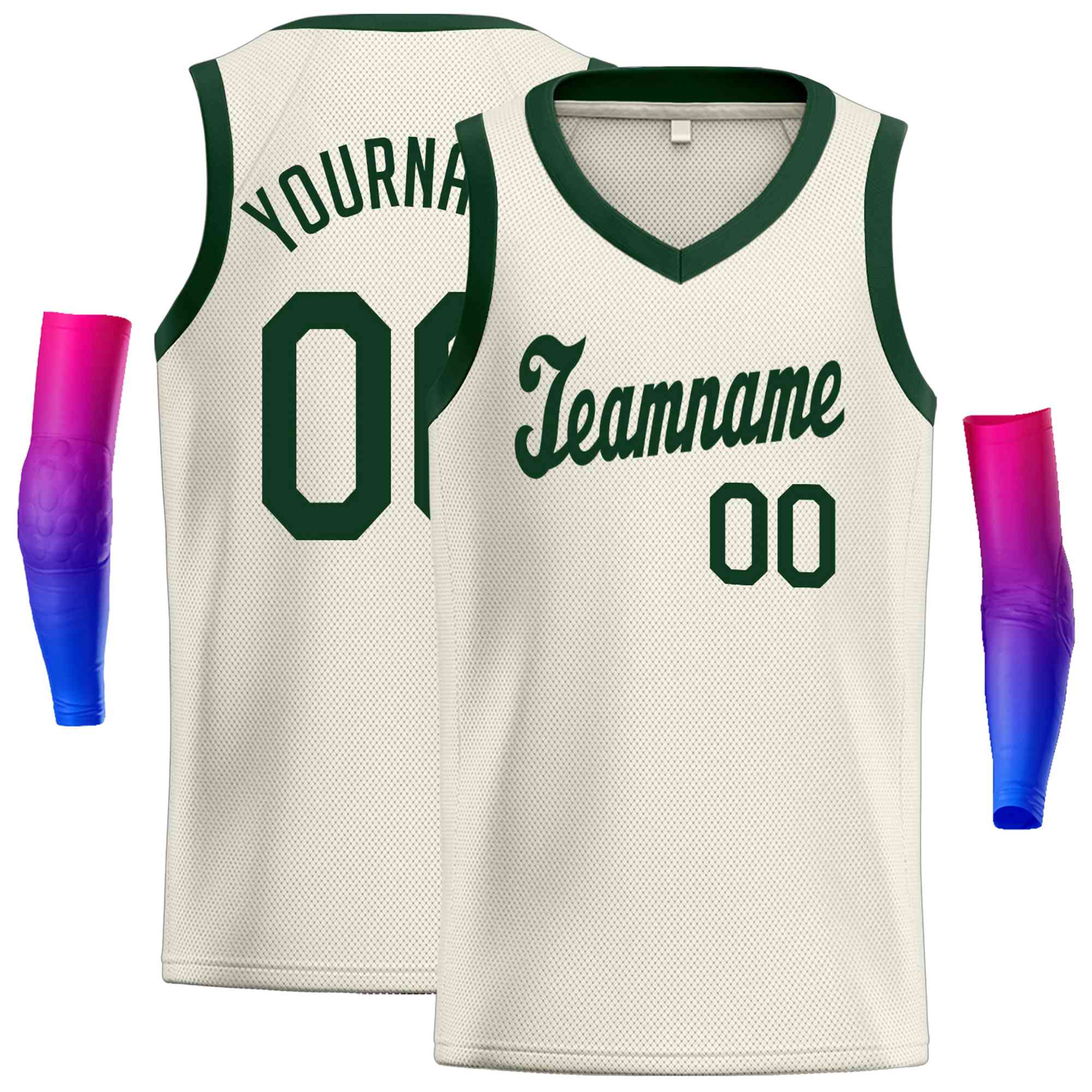 Custom Cream Hunter Green Round Neck Rib-Knit Basketball Jersey