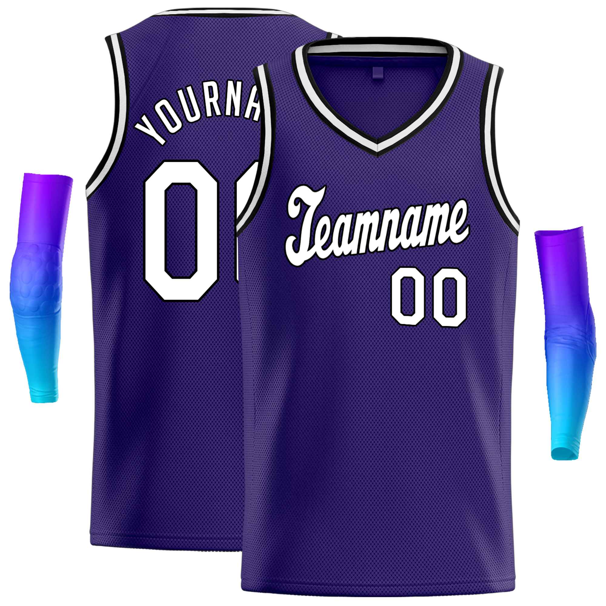 Custom Purple Black-White Round Neck Rib-Knit Basketball Jersey