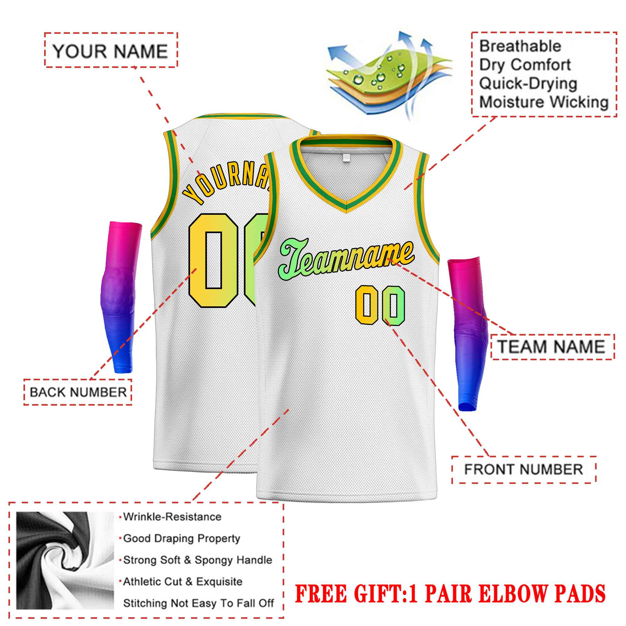 Custom White Yellow-Green Round Neck Rib-Knit Basketball Jersey