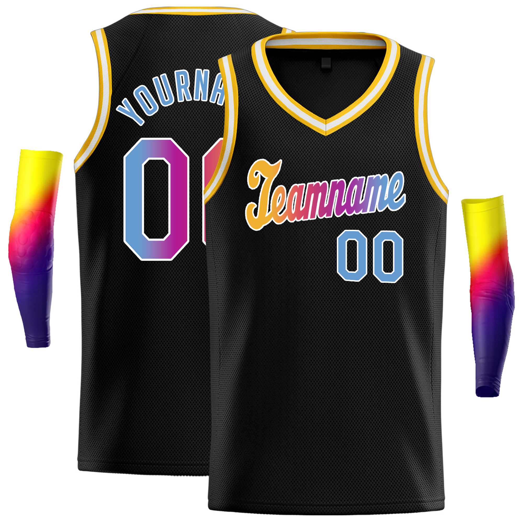 Custom Black Yellow-White Round Neck Rib-Knit Basketball Jersey