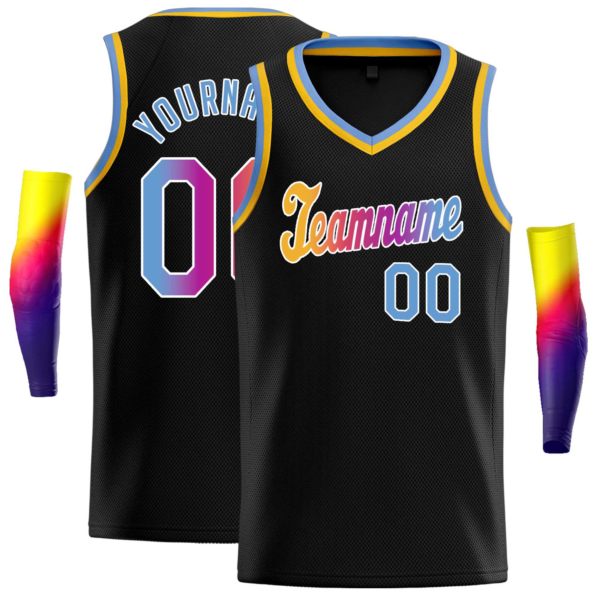 Custom Black Royal-Yellow Round Neck Rib-Knit Basketball Jersey