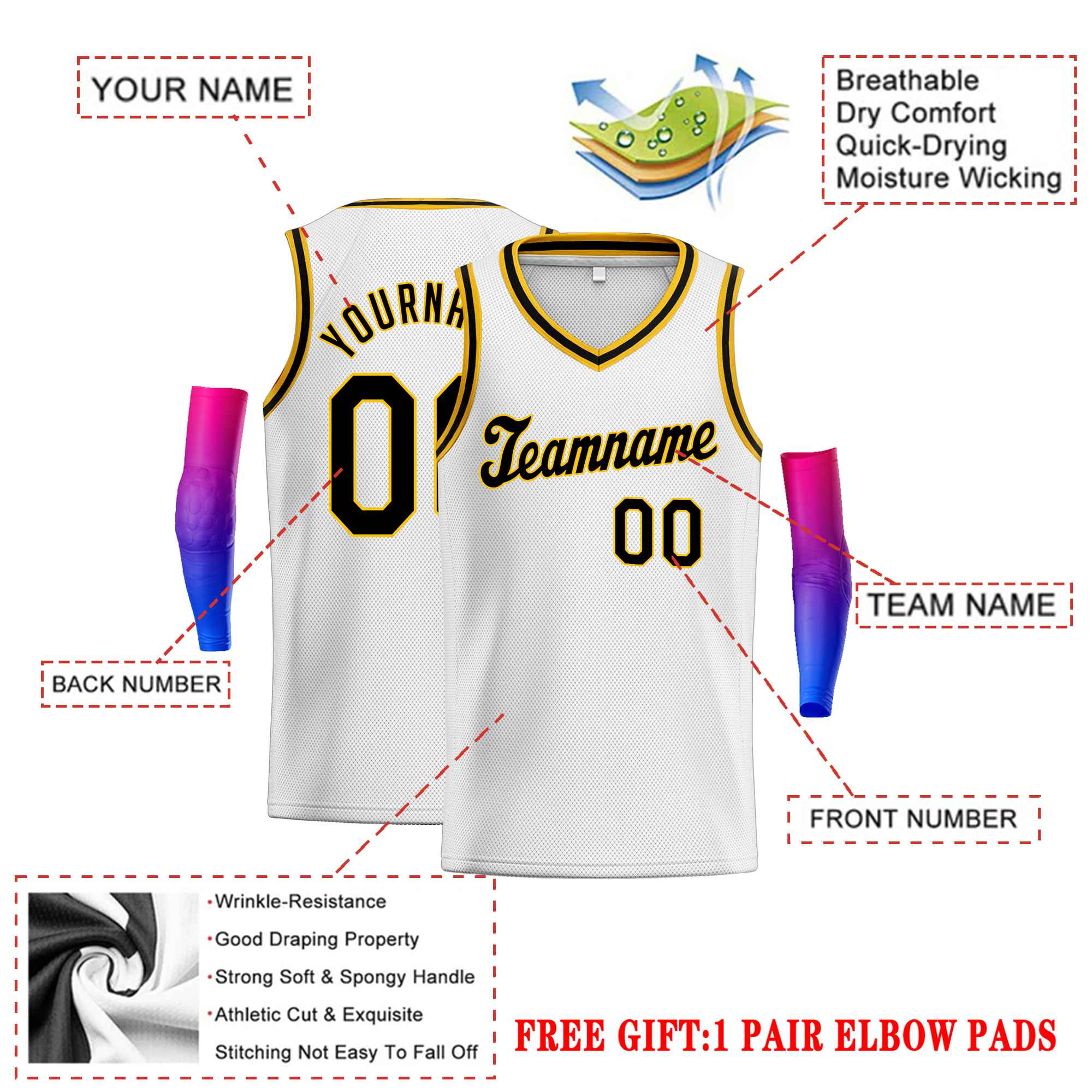 Custom White Yellow-Black Round Neck Rib-Knit Basketball Jersey