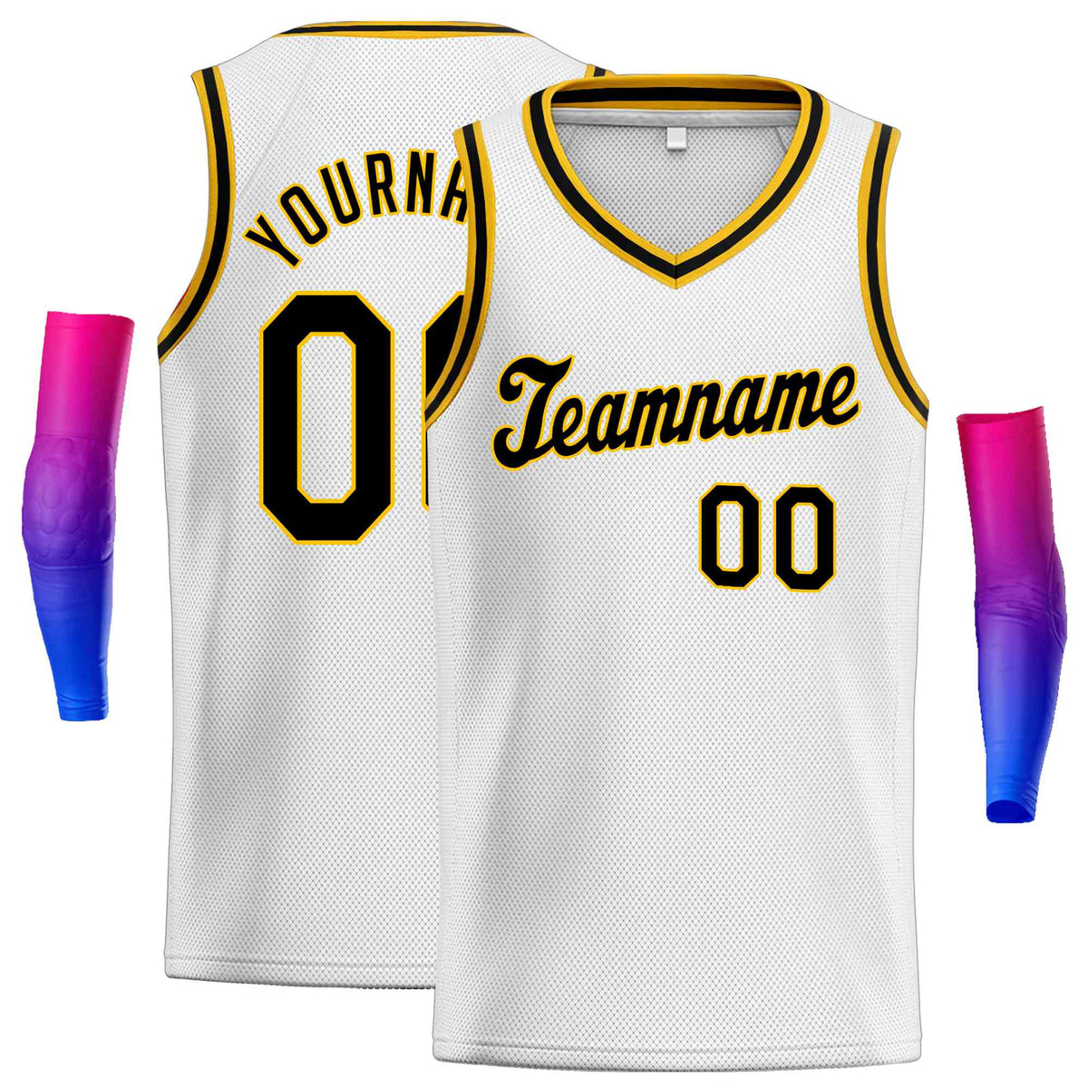 Custom White Yellow-Black Round Neck Rib-Knit Basketball Jersey