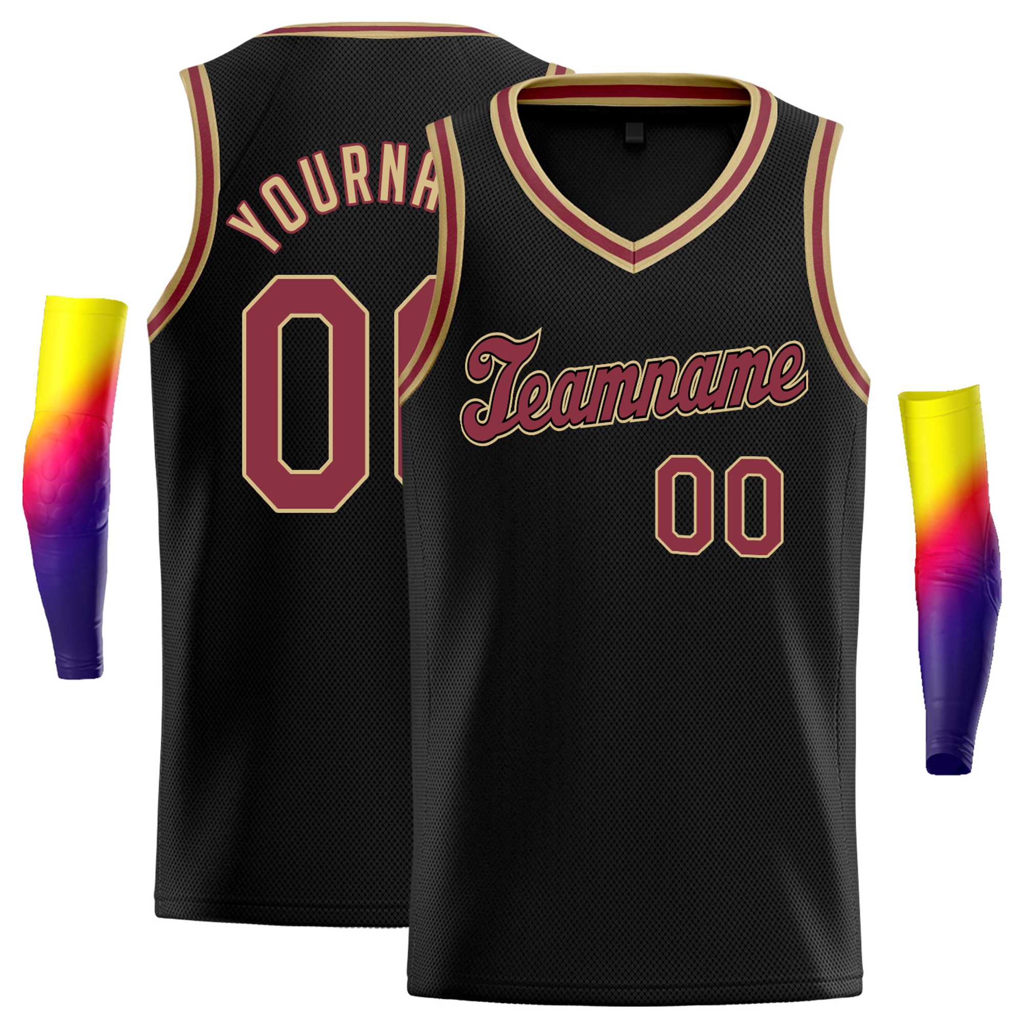 Custom Black Old Gold-Red Round Neck Rib-Knit Basketball Jersey