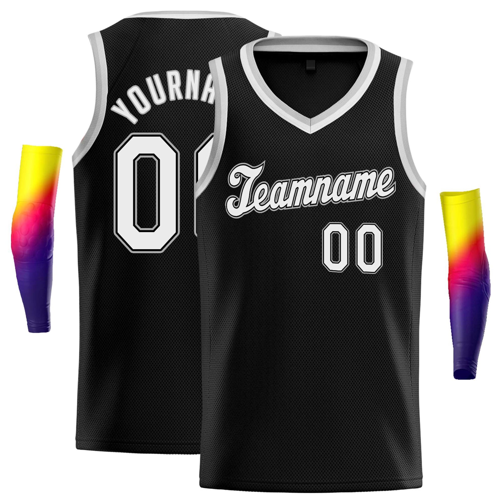 Custom Black Gray-White Round Neck Rib-Knit Basketball Jersey