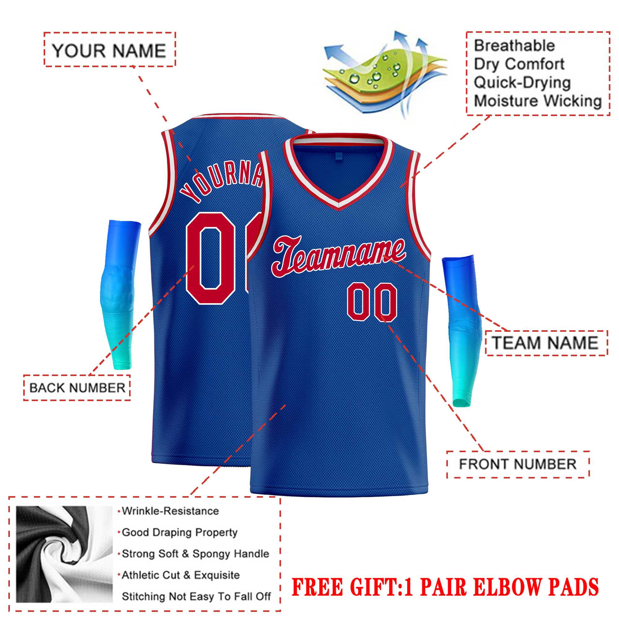 Custom Royal Red-White Round Neck Rib-Knit Basketball Jersey