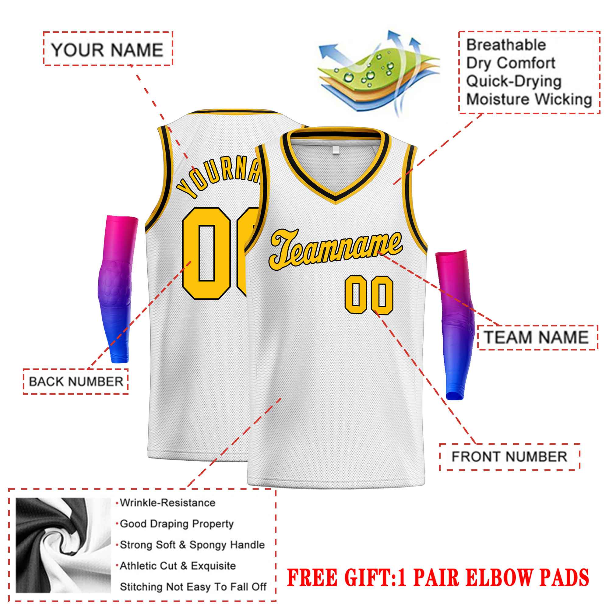 Custom White Yellow-Black Round Neck Rib-Knit Basketball Jersey