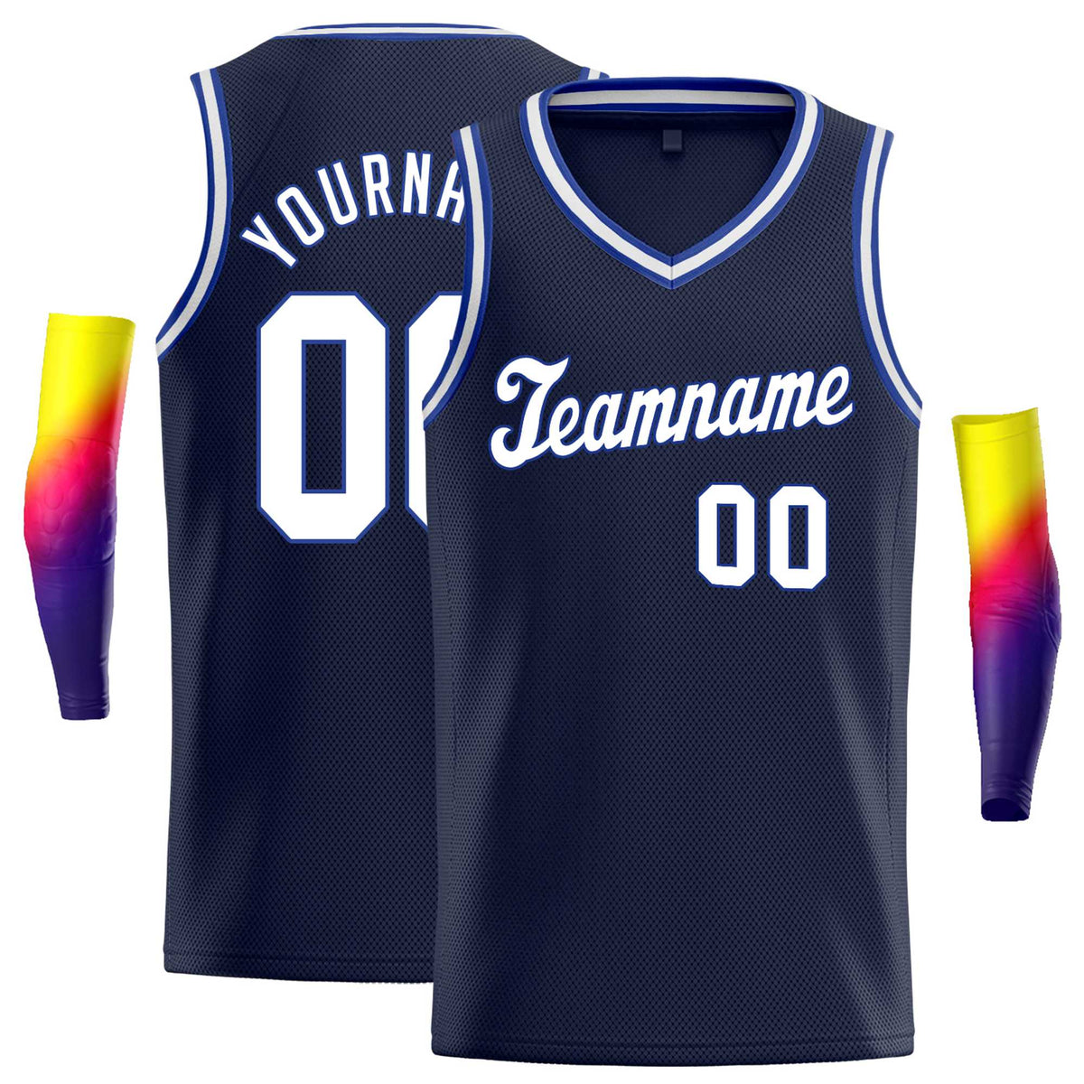 Custom Navy Royal-1 White Round Neck Rib-Knit Basketball Jersey