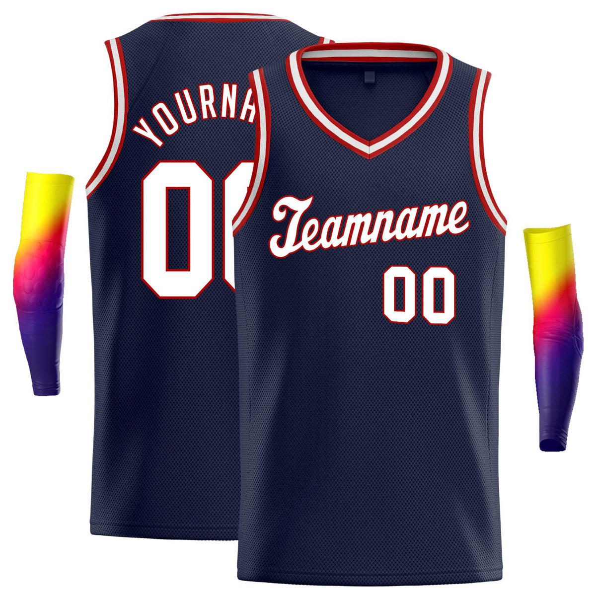 Custom Navy Red White Round Neck Rib-Knit Basketball Jersey