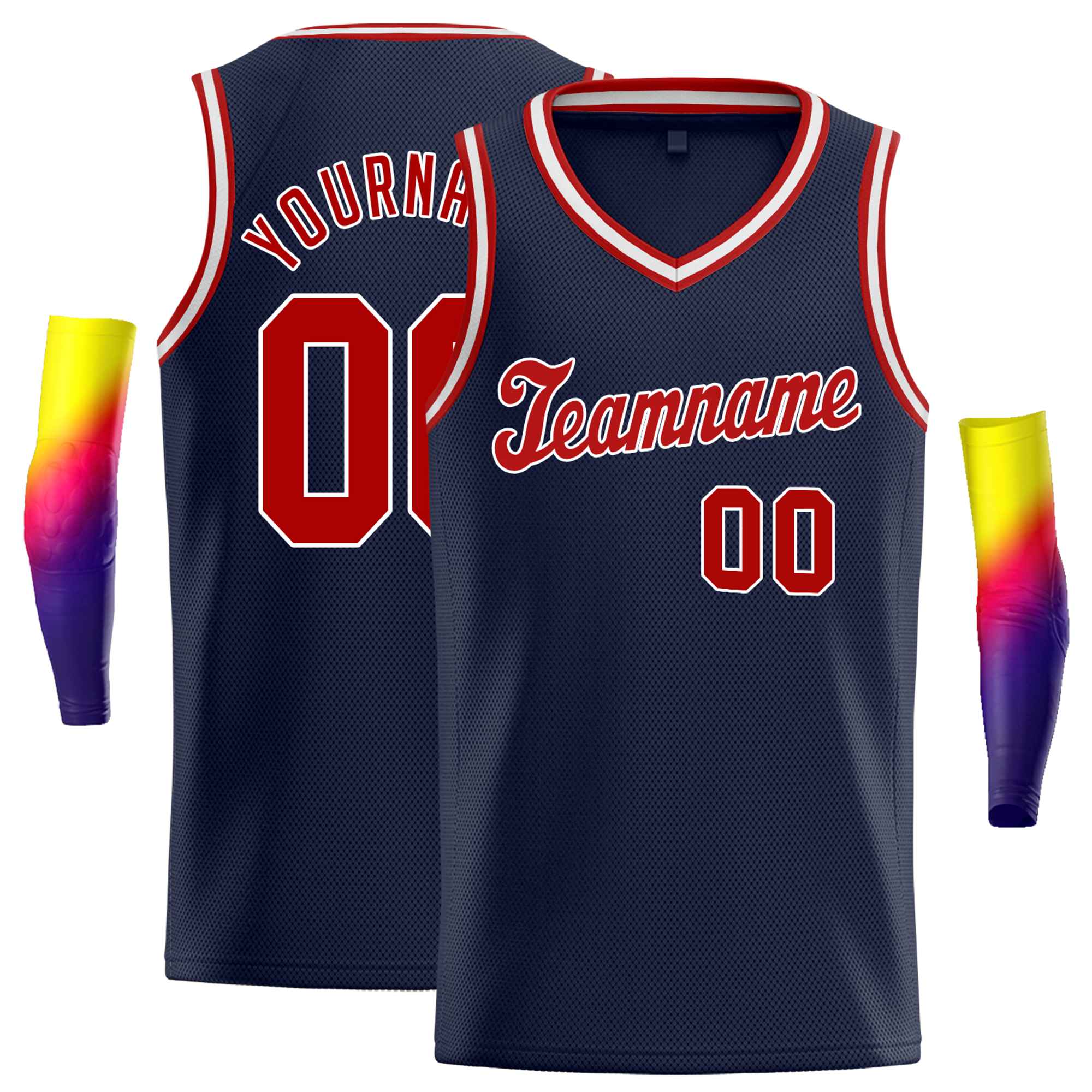 Custom Navy Red White Round Neck Rib-Knit Basketball Jersey