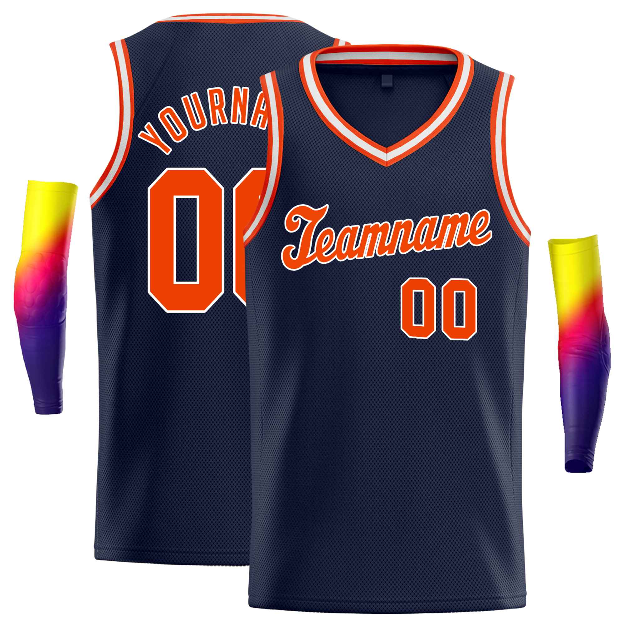 Custom Navy Orange White Round Neck Rib-Knit Basketball Jersey