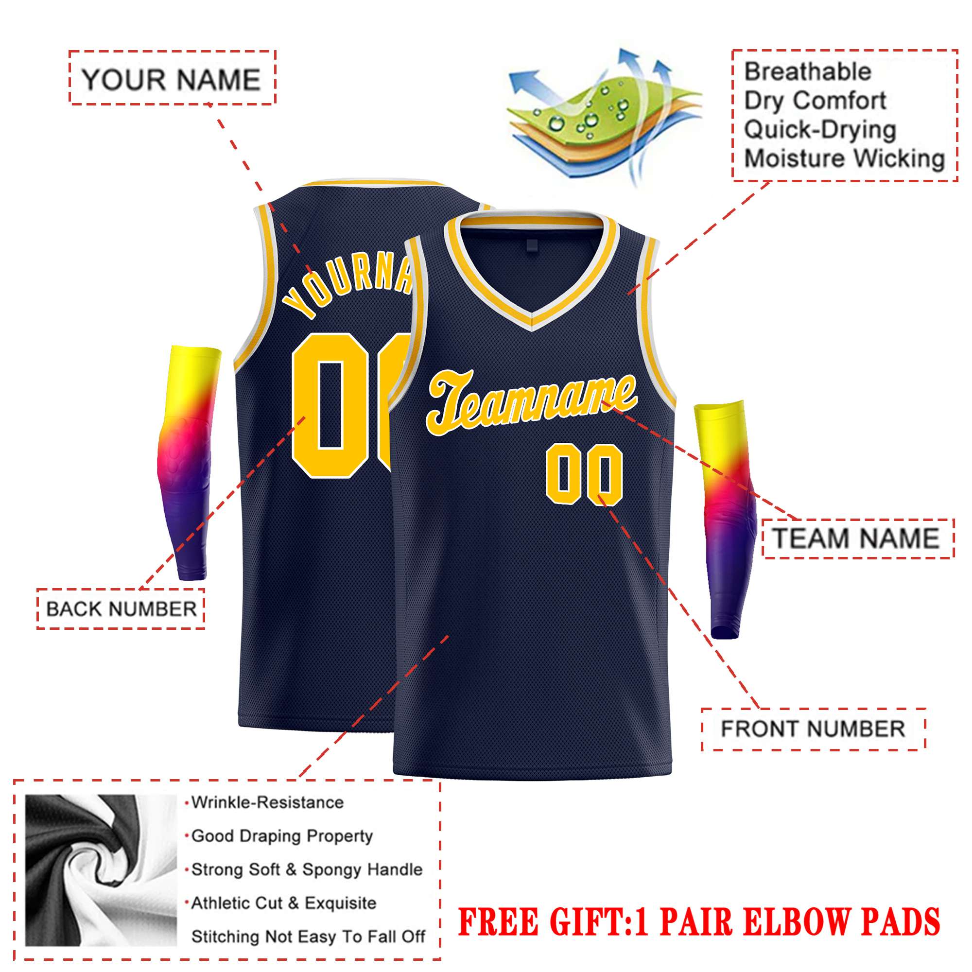 Custom Navy White Yellow Round Neck Rib-Knit Basketball Jersey