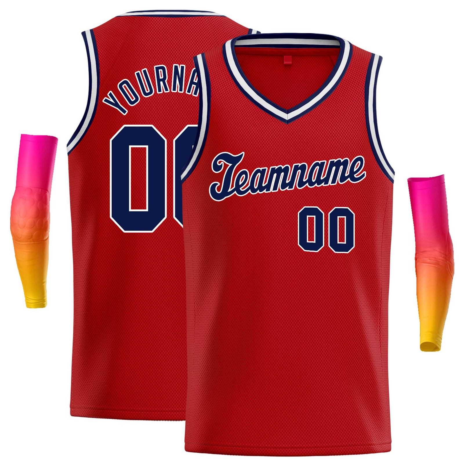 Custom Red Navy-White Round Neck Rib-Knit Basketball Jersey