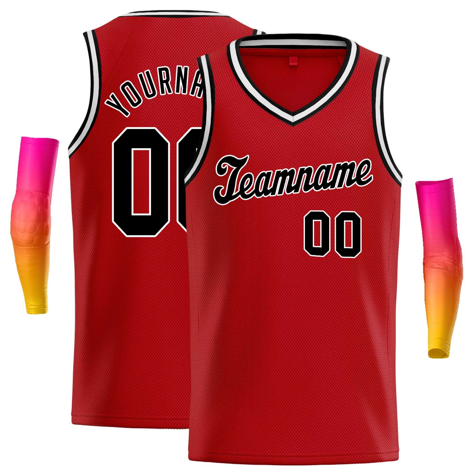 Custom Red Black-White Round Neck Rib-Knit Basketball Jersey