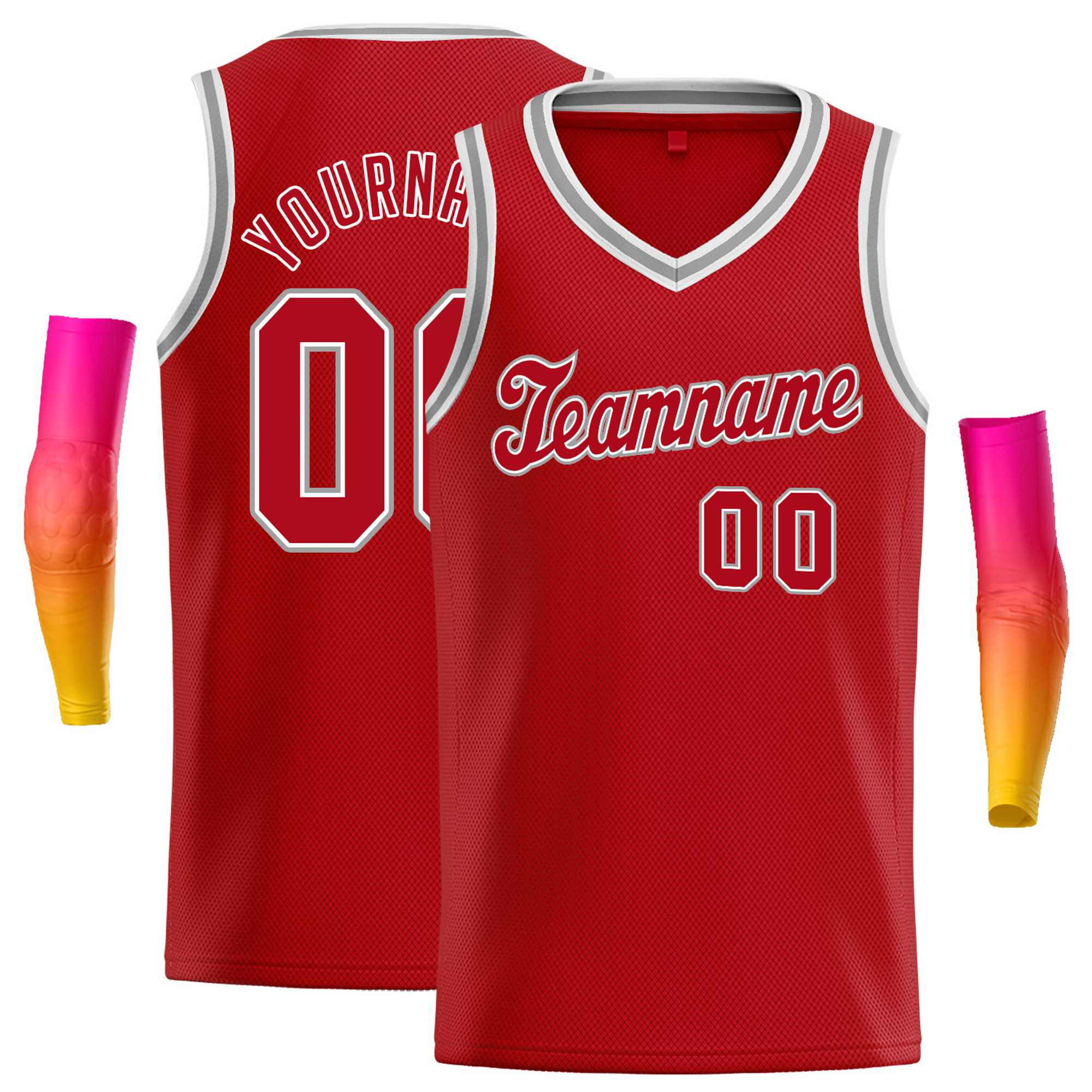 Custom Red White-Gray Round Neck Rib-Knit Basketball Jersey