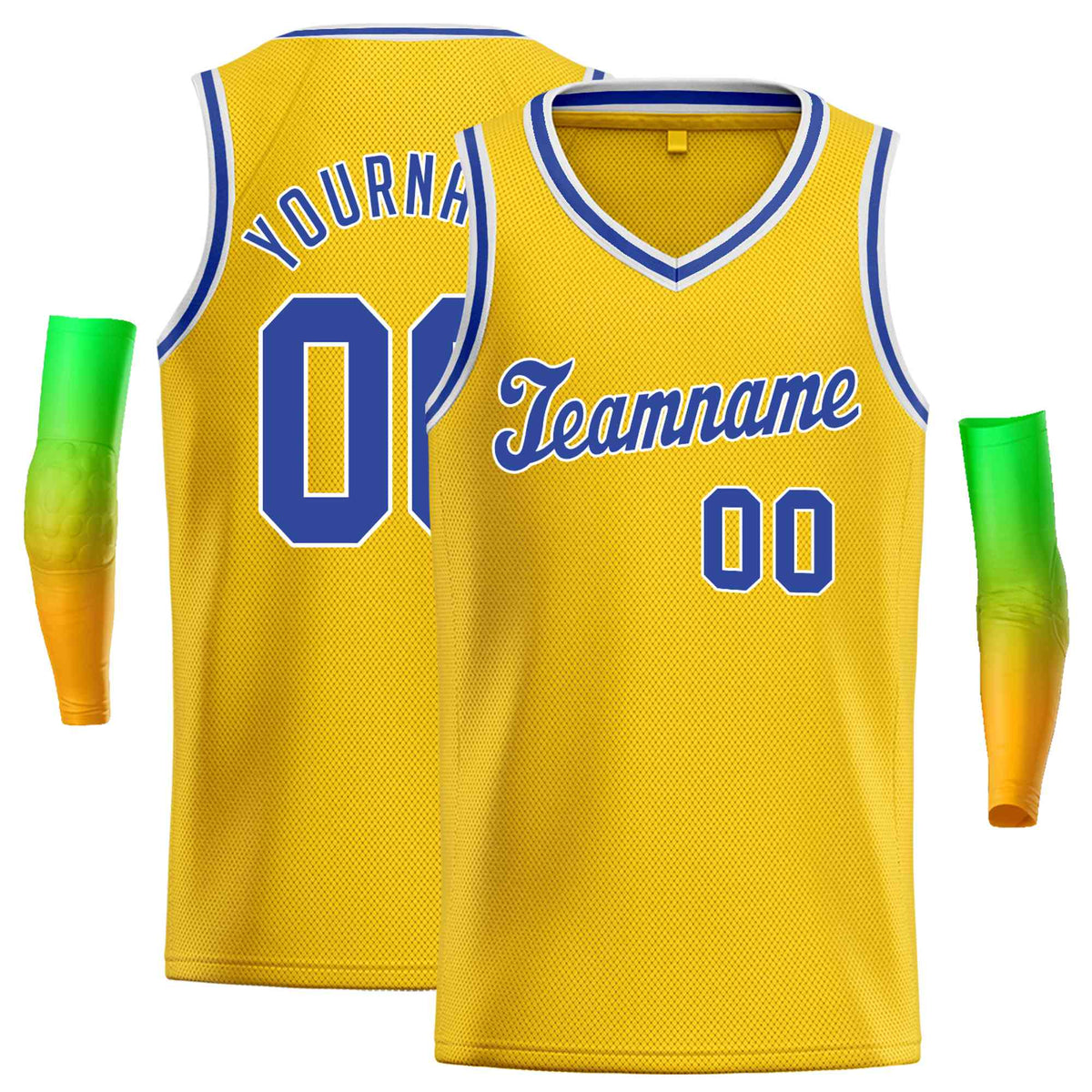 Custom Yellow White Royal-1 Round Neck Rib-Knit Basketball Jersey