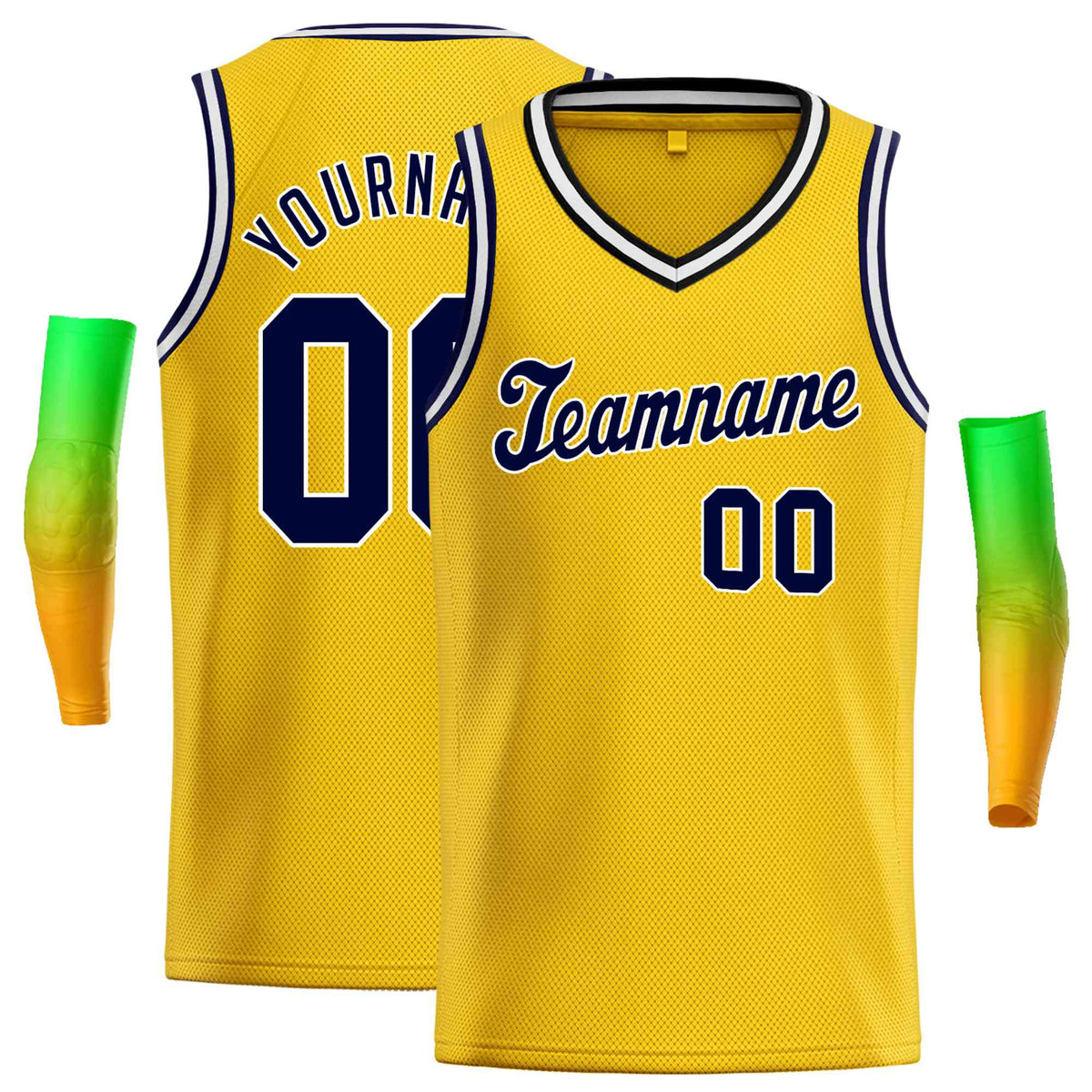 Custom Yellow Navy White Round Neck Rib-Knit Basketball Jersey